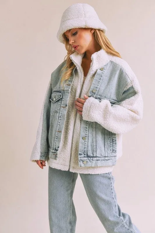 Aemi   Co Denim Washed Drop Shoulder Sherpa Fake Two Pieces Jacket