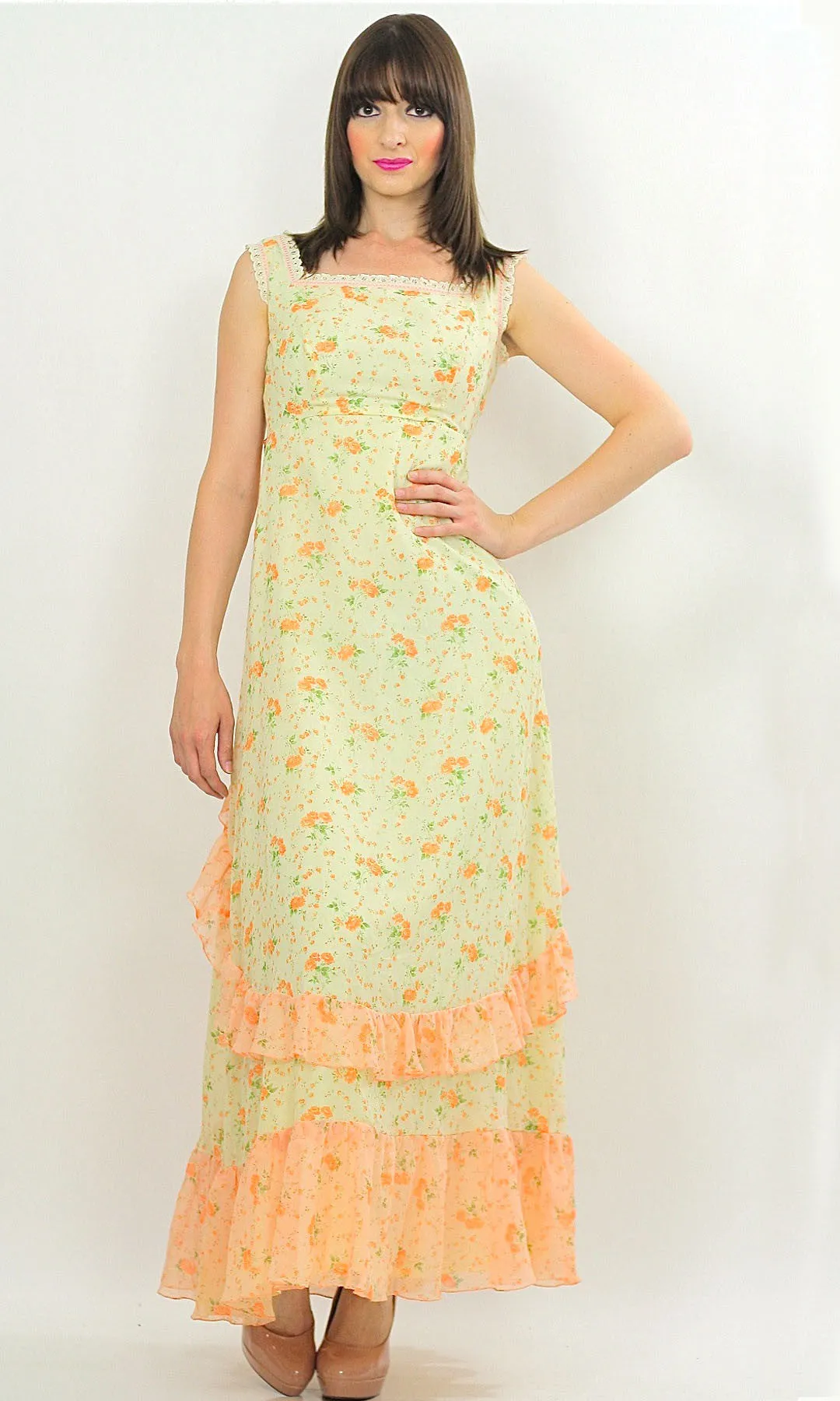 Authentic vintage 70s boho hippie floral prairie maxi party dress