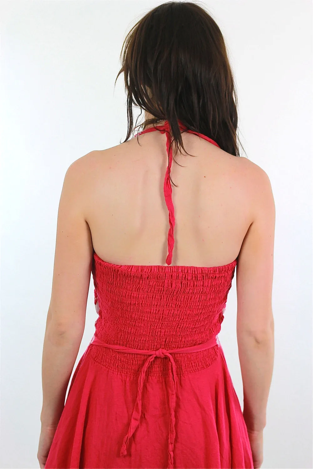 Authentic vintage 70s pink boho floral halter handkerchief hem dress