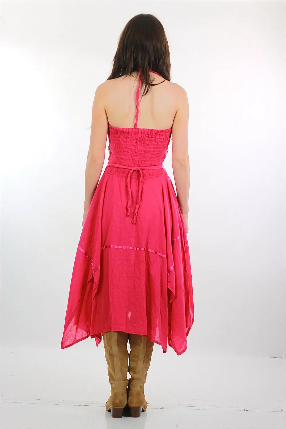 Authentic vintage 70s pink boho floral halter handkerchief hem dress
