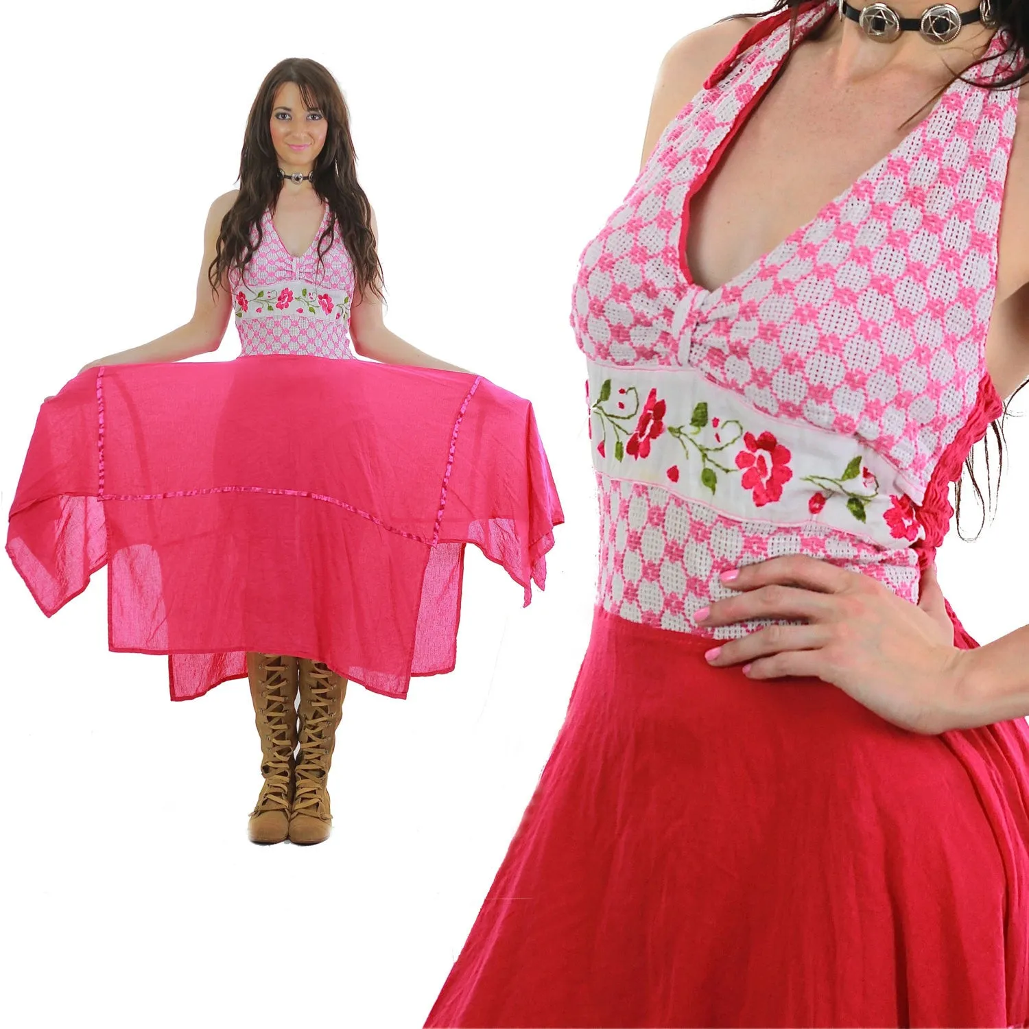 Authentic vintage 70s pink boho floral halter handkerchief hem dress