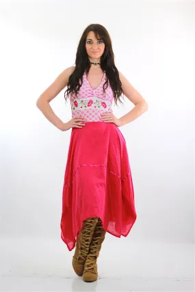 Authentic vintage 70s pink boho floral halter handkerchief hem dress