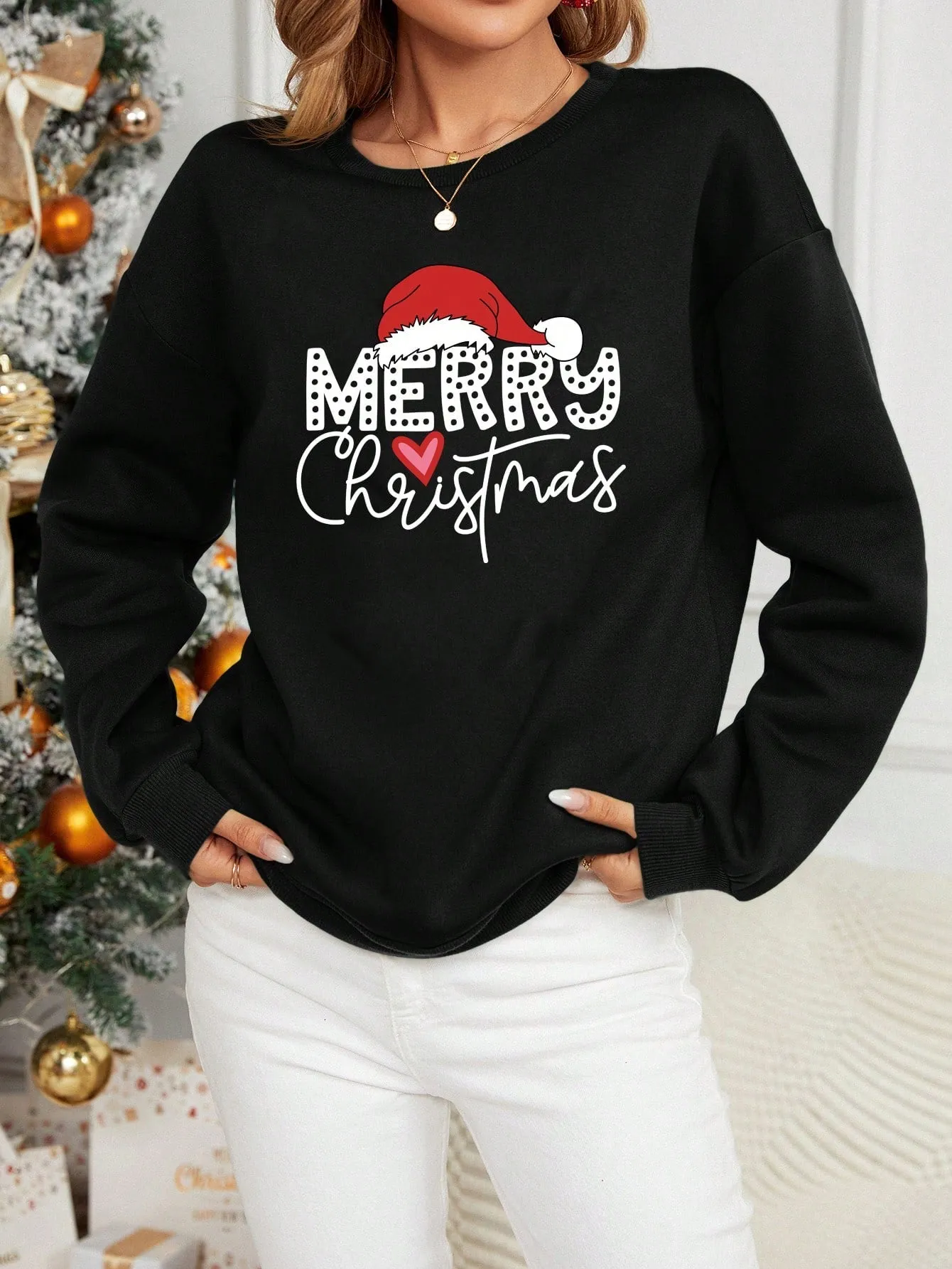 Black crew neck sweatshirt|Merry Christmas Crew Neck Sweatshirt For Women