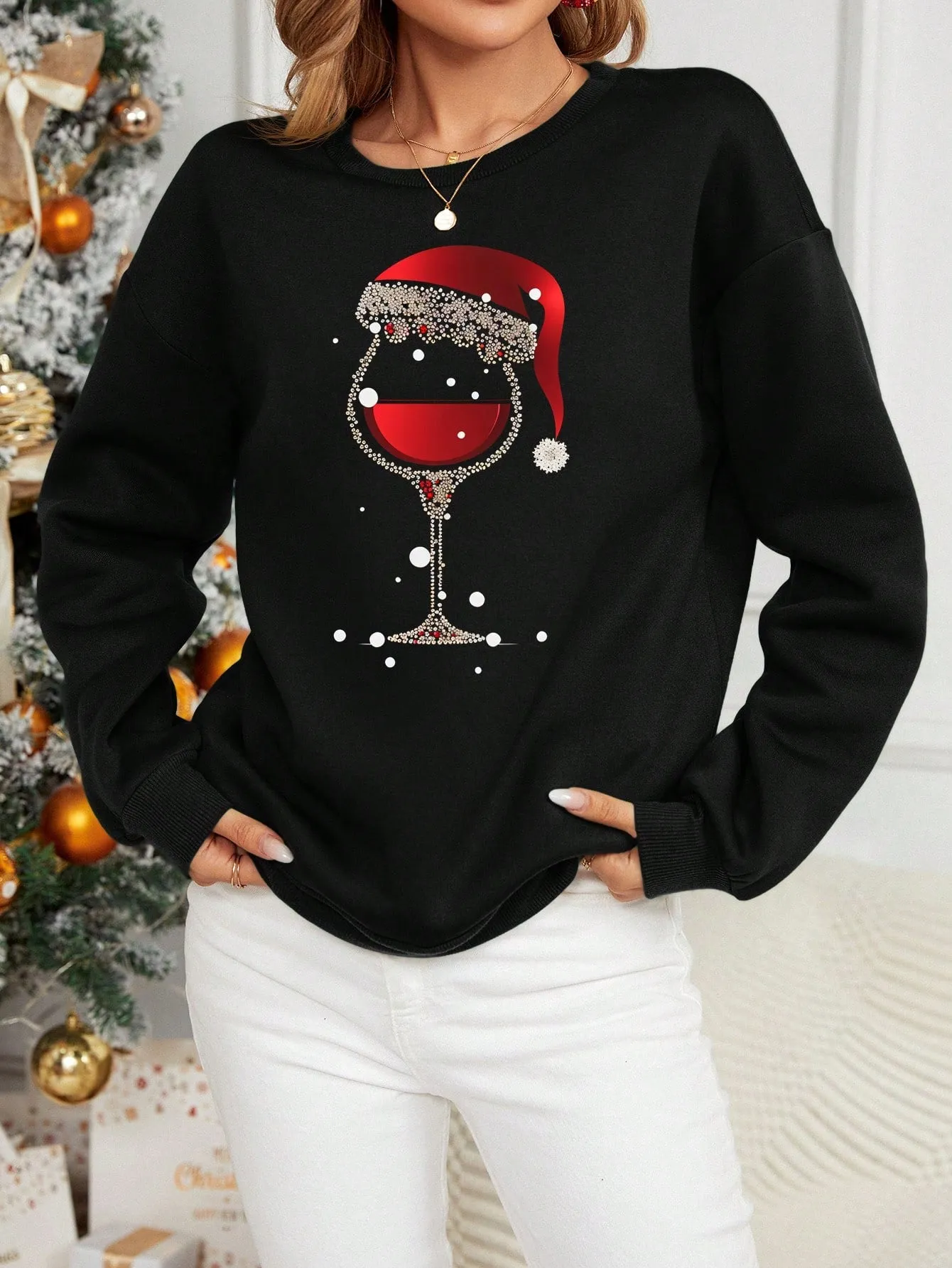 Black crew neck sweatshirt|Merry Christmas Crew Neck Sweatshirt For Women