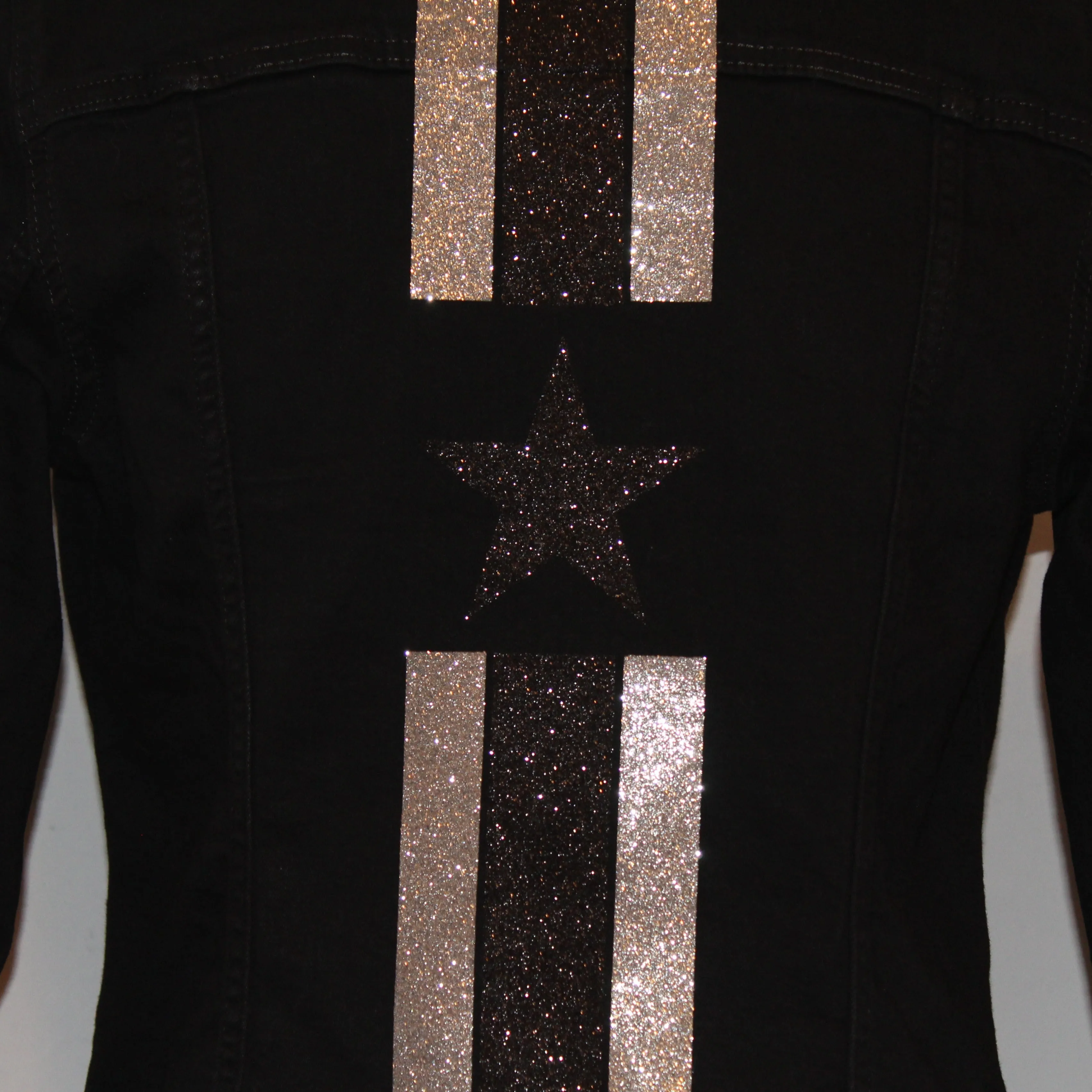 Black Denim Jacket with Glitter Stripes and Star
