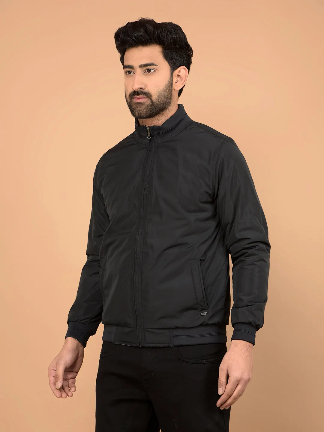 Black Mock Neck Bomber Reversible Jacket