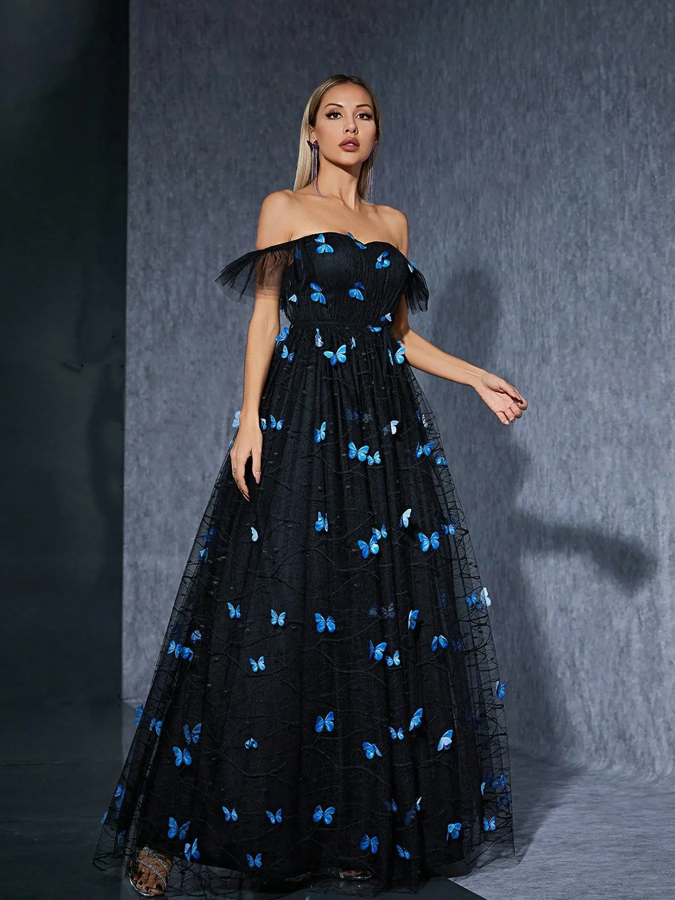 Black off Shoulder Butterfly Embroidered Mesh Evening Dress