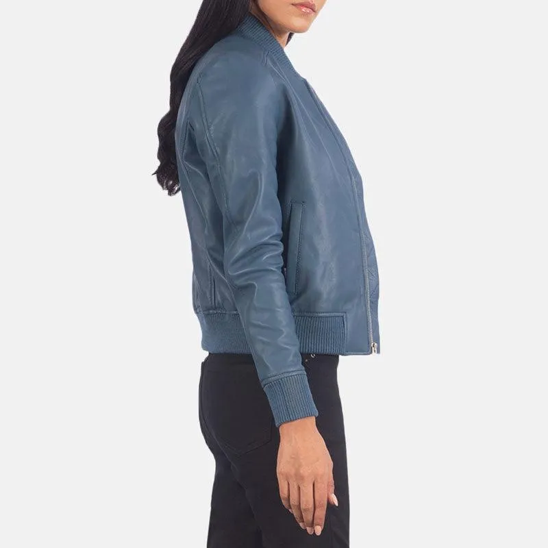 Bliss Blue Leather Bomber Jacket