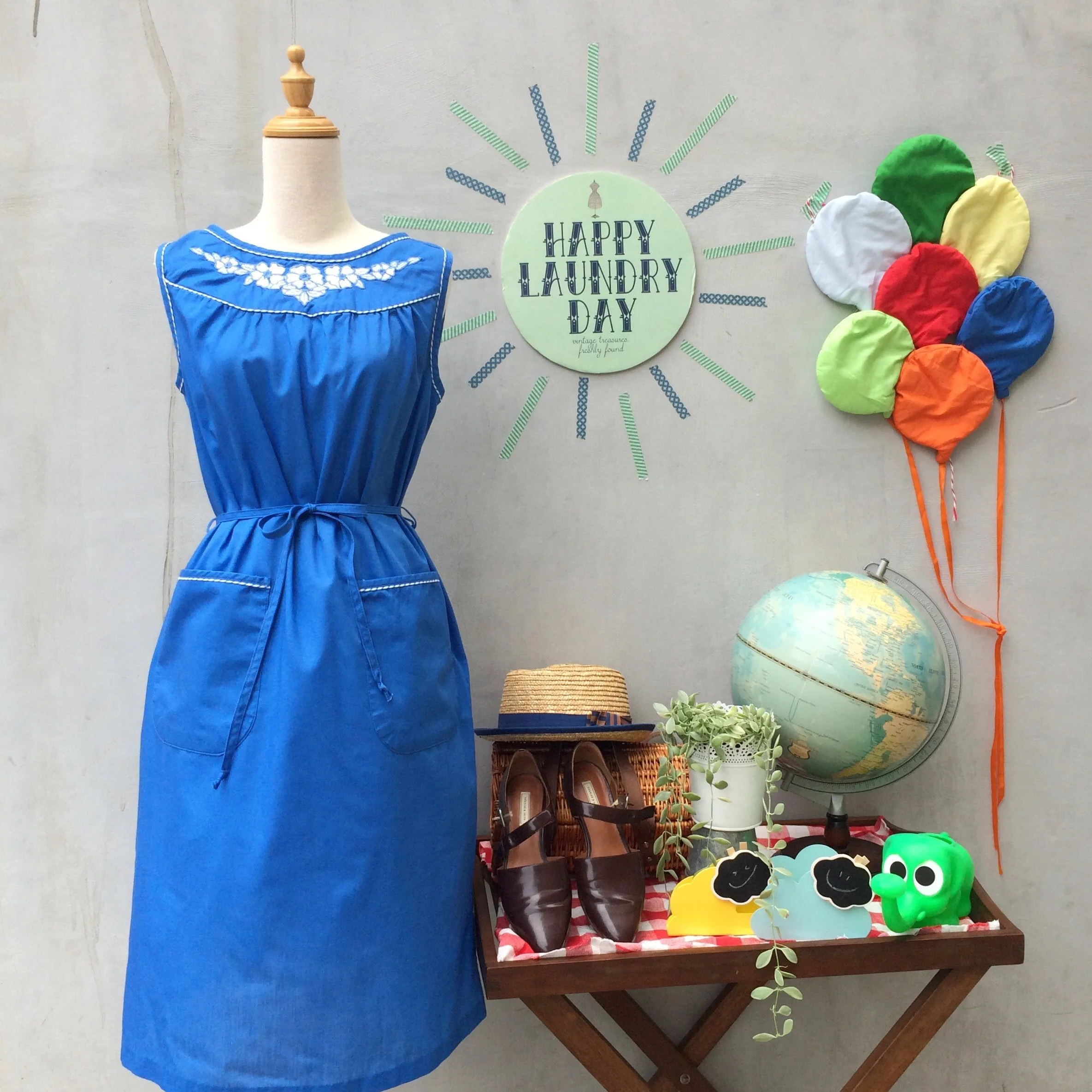 Blue Balance | Vintage 1950s 1960s White Embroidered flowers Striped piping Blue dress with POCKETS!