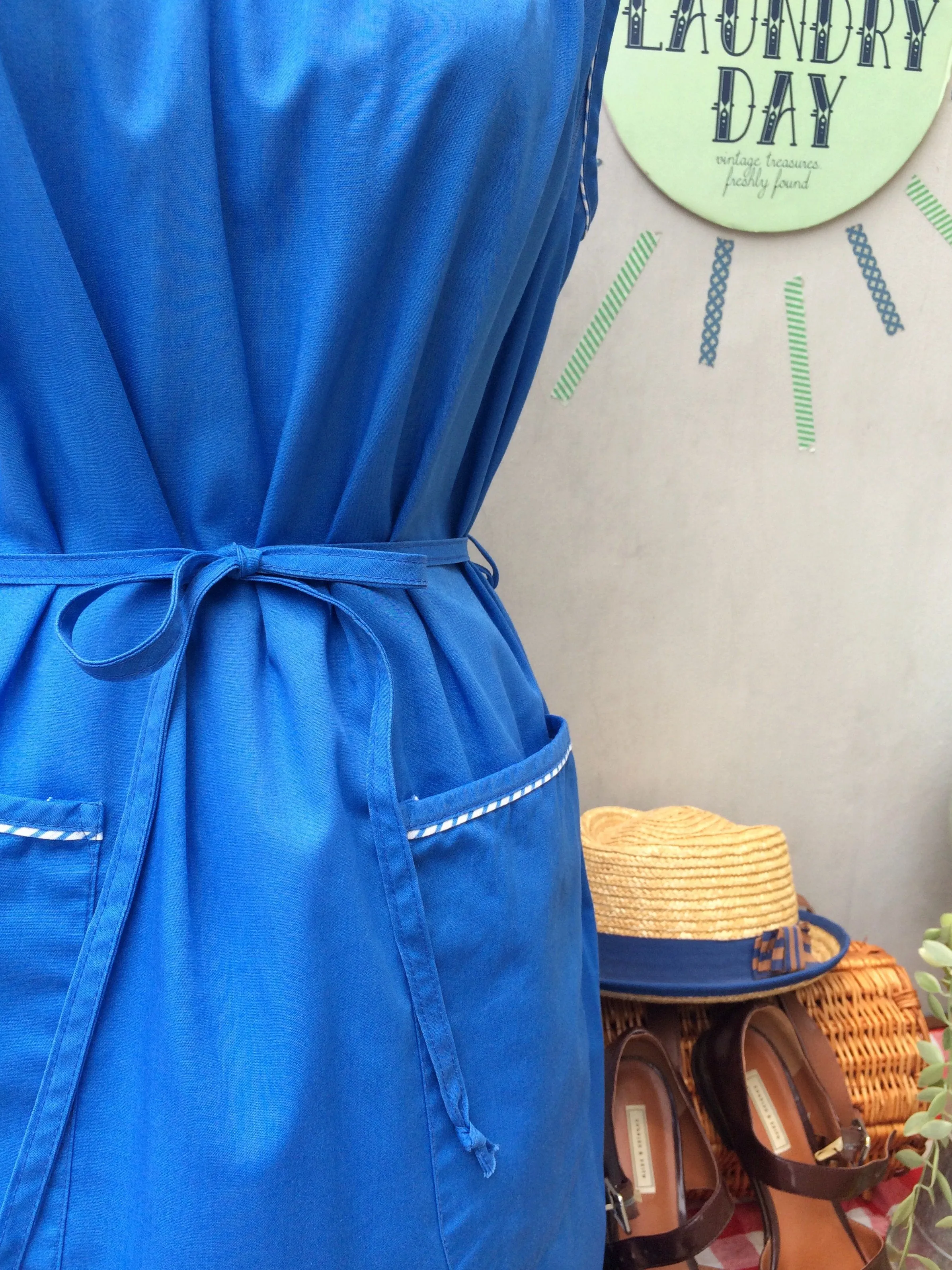 Blue Balance | Vintage 1950s 1960s White Embroidered flowers Striped piping Blue dress with POCKETS!