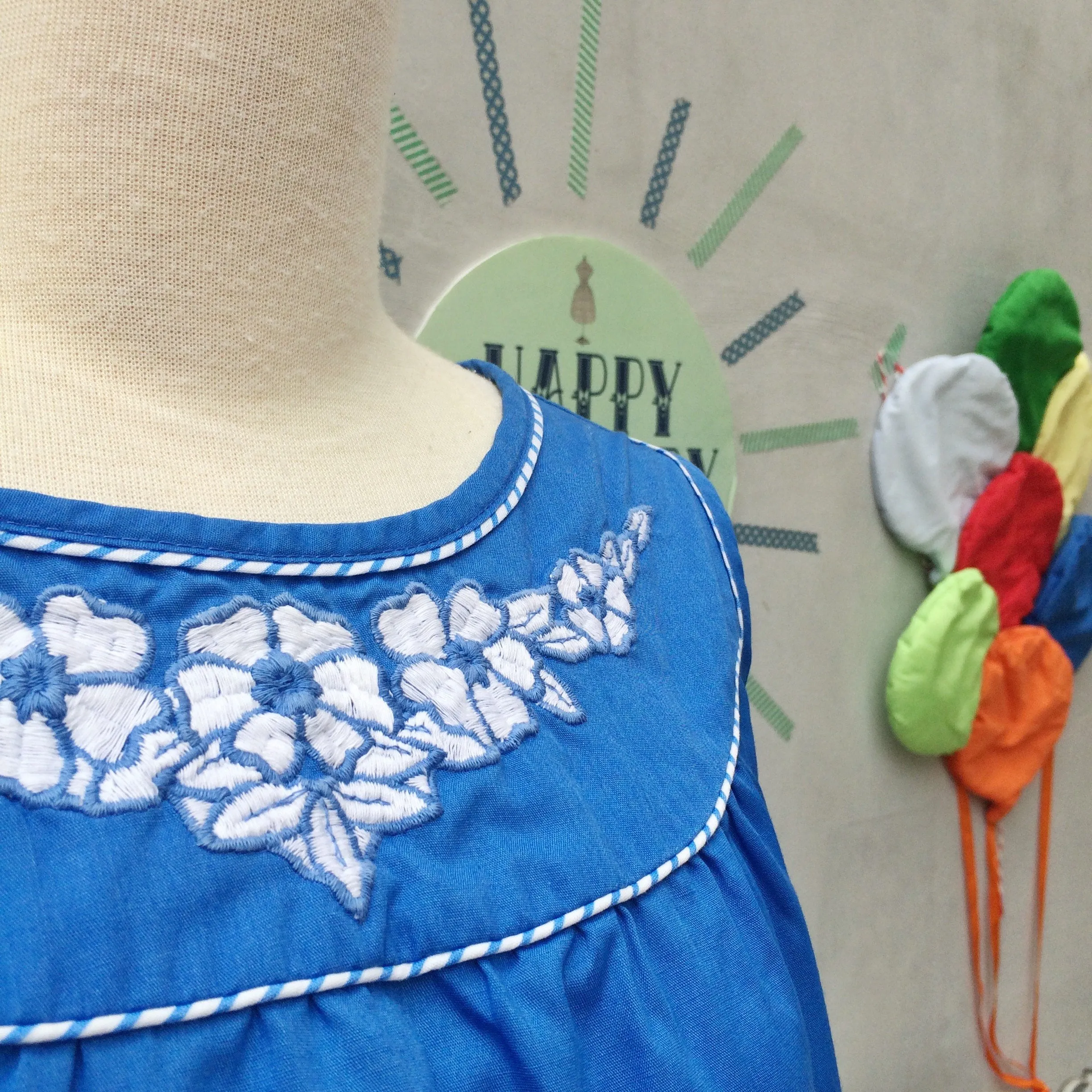 Blue Balance | Vintage 1950s 1960s White Embroidered flowers Striped piping Blue dress with POCKETS!