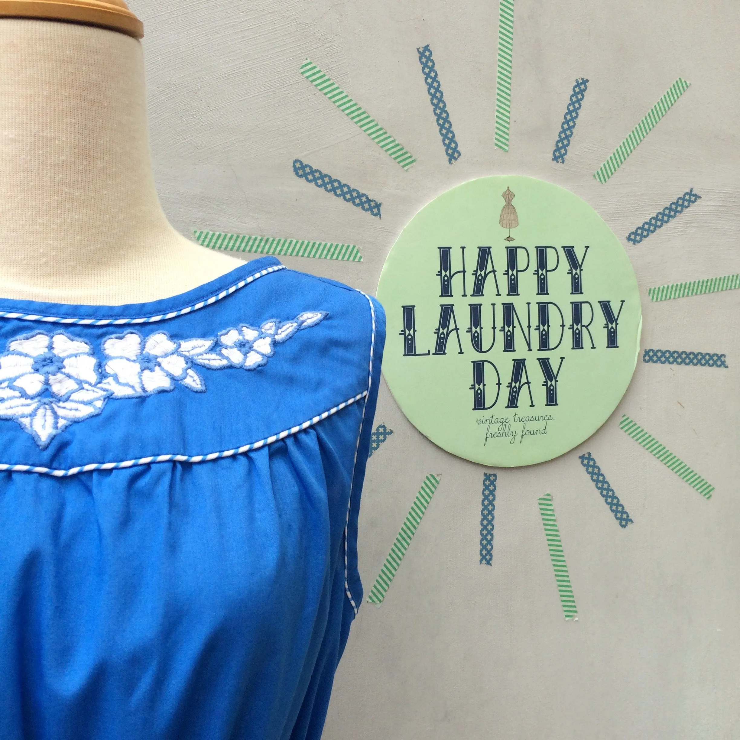 Blue Balance | Vintage 1950s 1960s White Embroidered flowers Striped piping Blue dress with POCKETS!