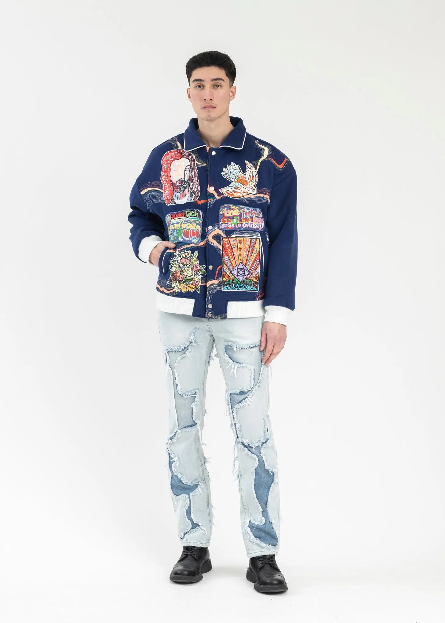 BLUE EMBROIDERY PATCHWORK  BOMBER JACKET