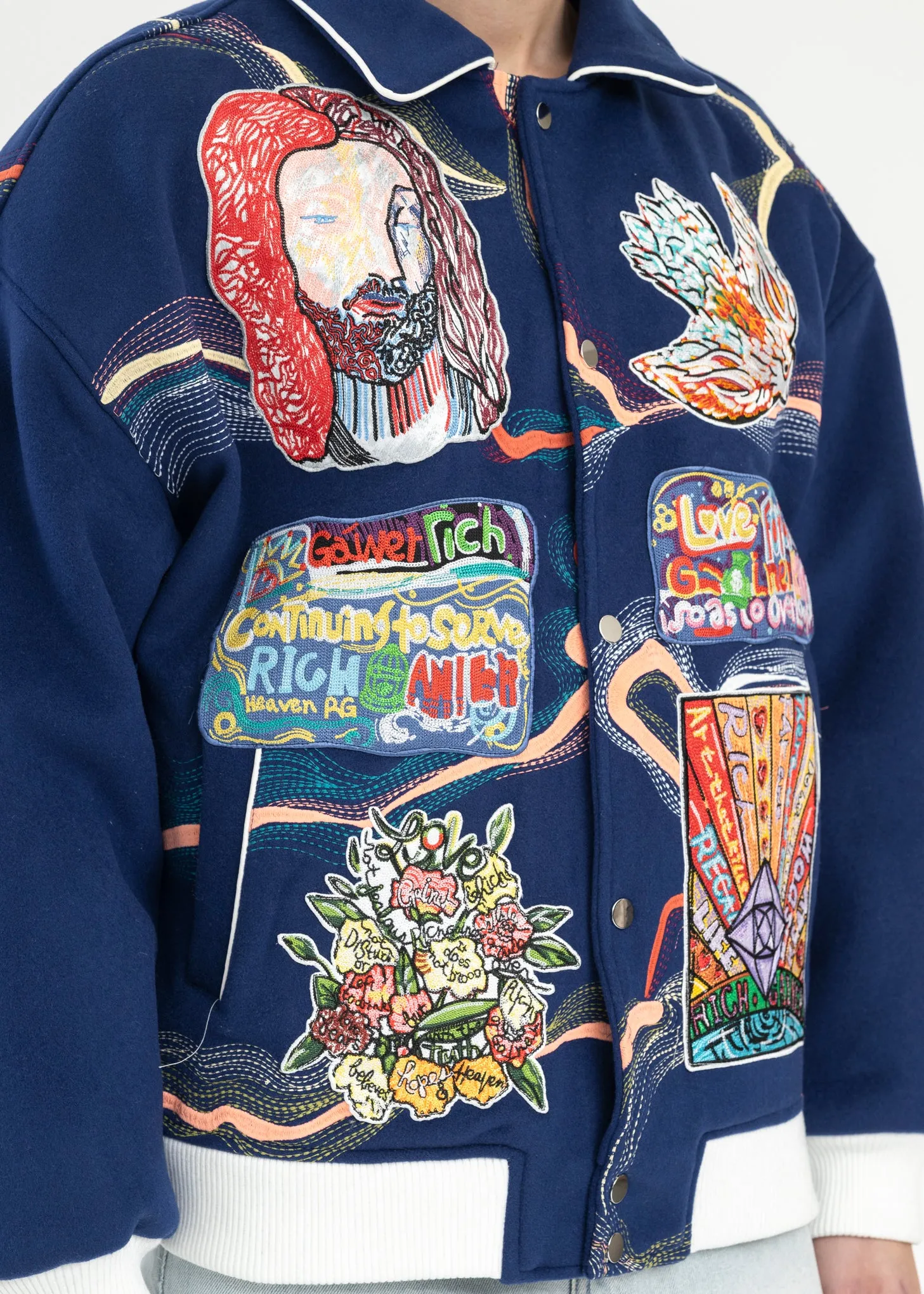 BLUE EMBROIDERY PATCHWORK  BOMBER JACKET