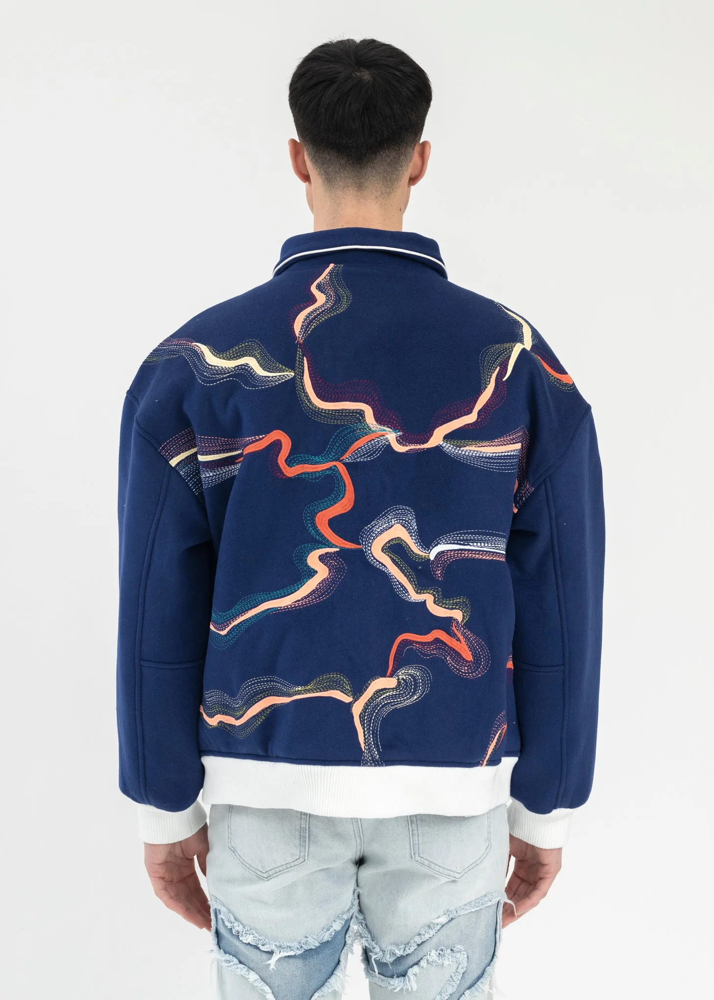 BLUE EMBROIDERY PATCHWORK  BOMBER JACKET