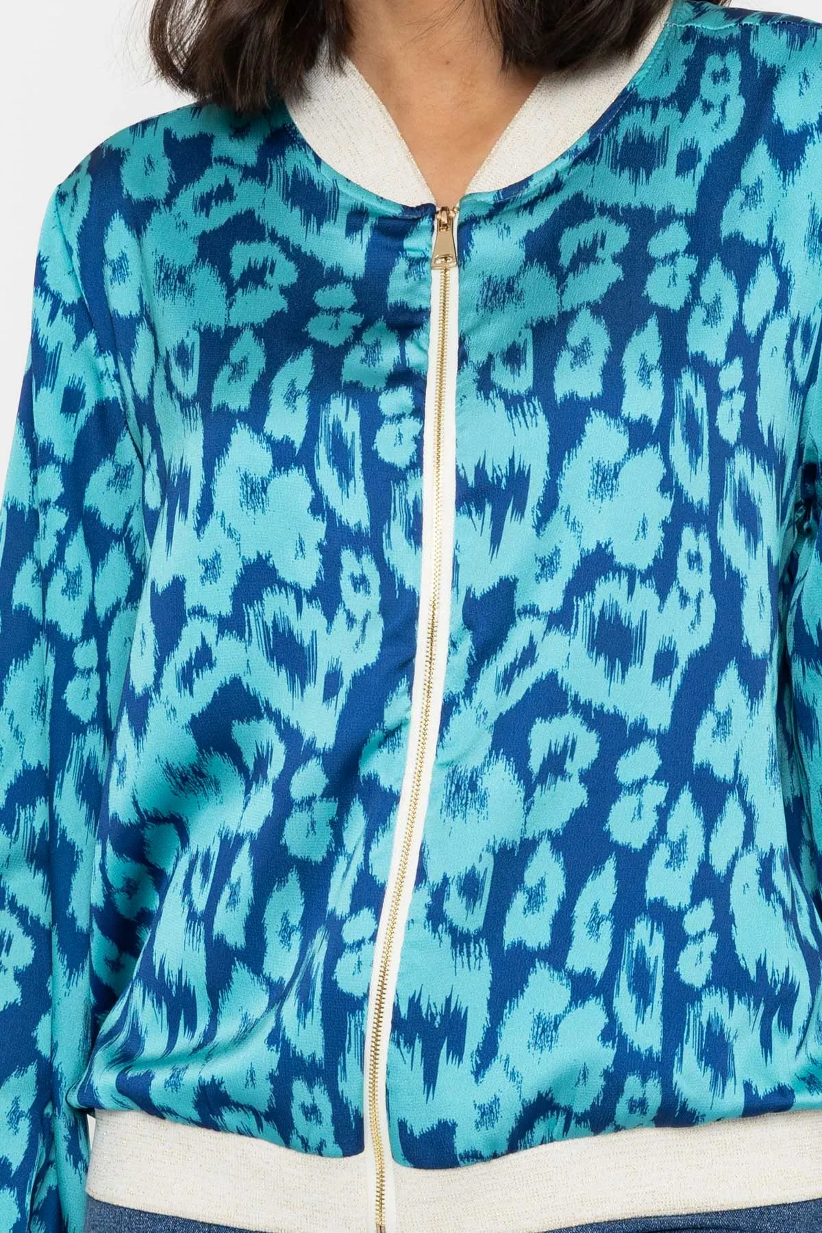 Blue Leopard Print Printed Bomber Jacket