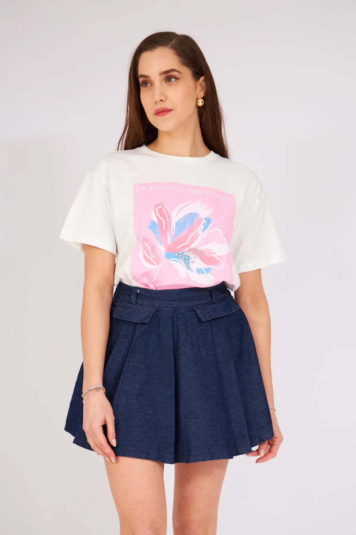 Blue  Pleated Mini Denim Skirt
