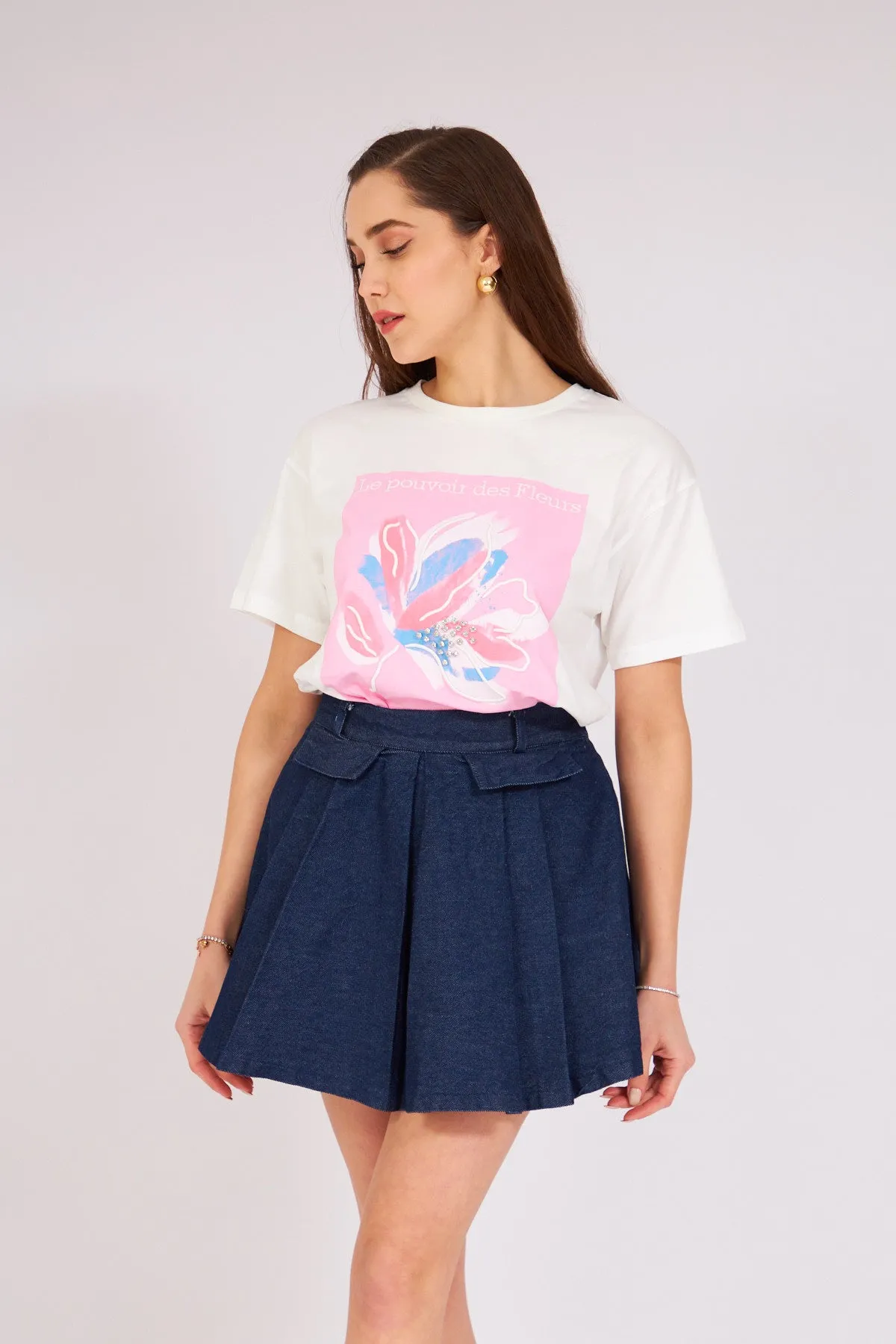 Blue  Pleated Mini Denim Skirt