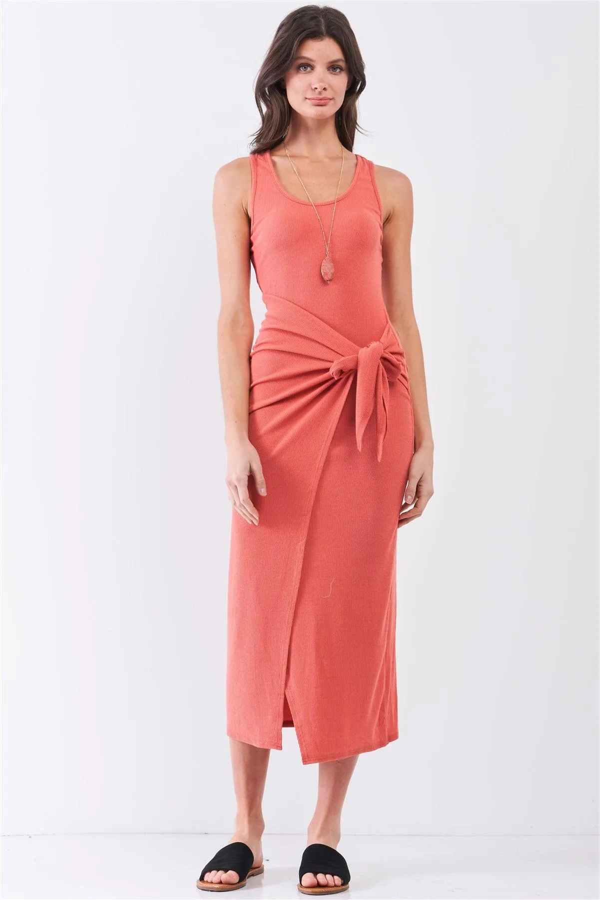 Brick Coral Ribbed Sleeveless Scoop Neck Asymmetrical Wrap Front Detail Midi Dress /1-2-2-1