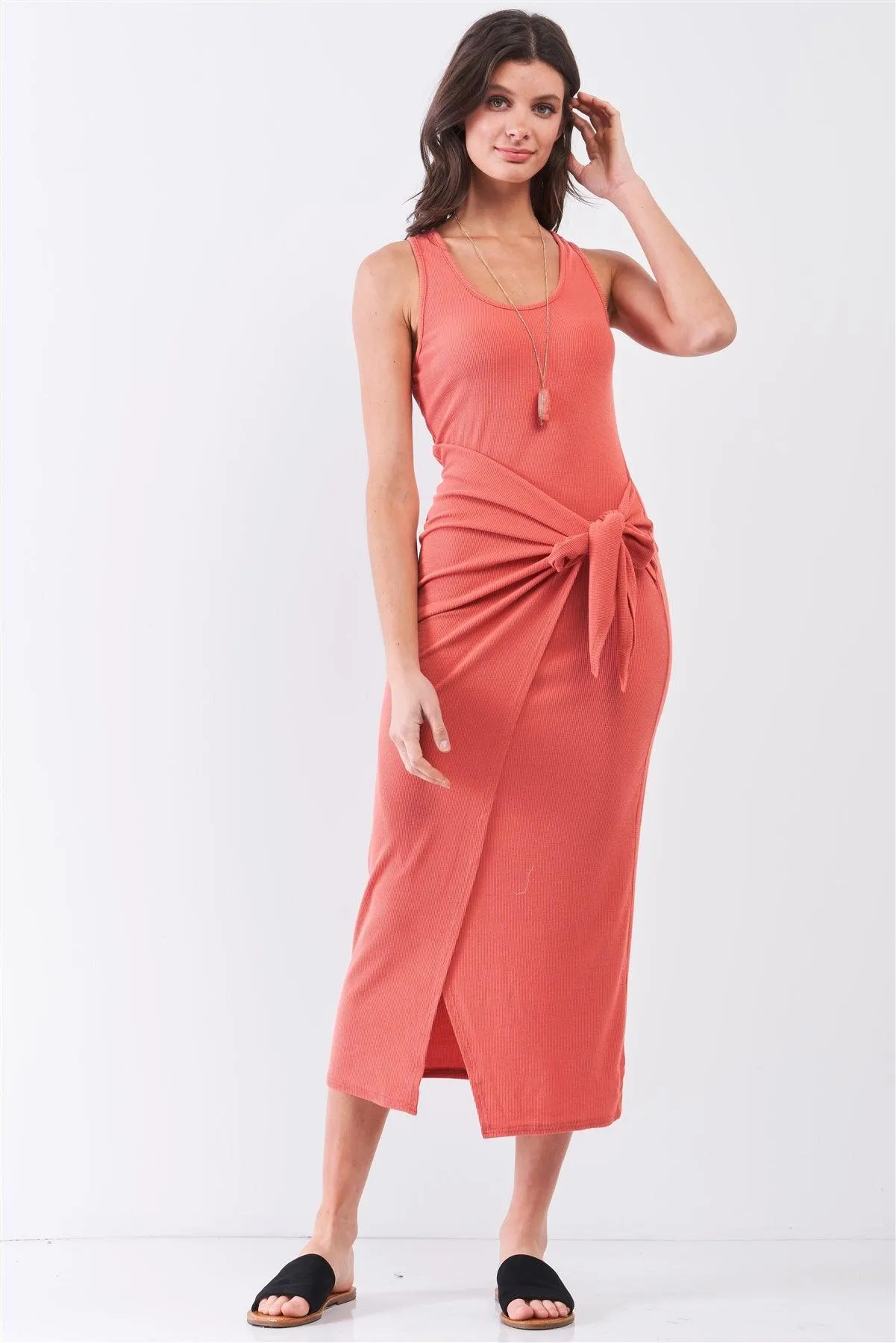 Brick Coral Ribbed Sleeveless Scoop Neck Asymmetrical Wrap Front Detail Midi Dress /1-2-2-1