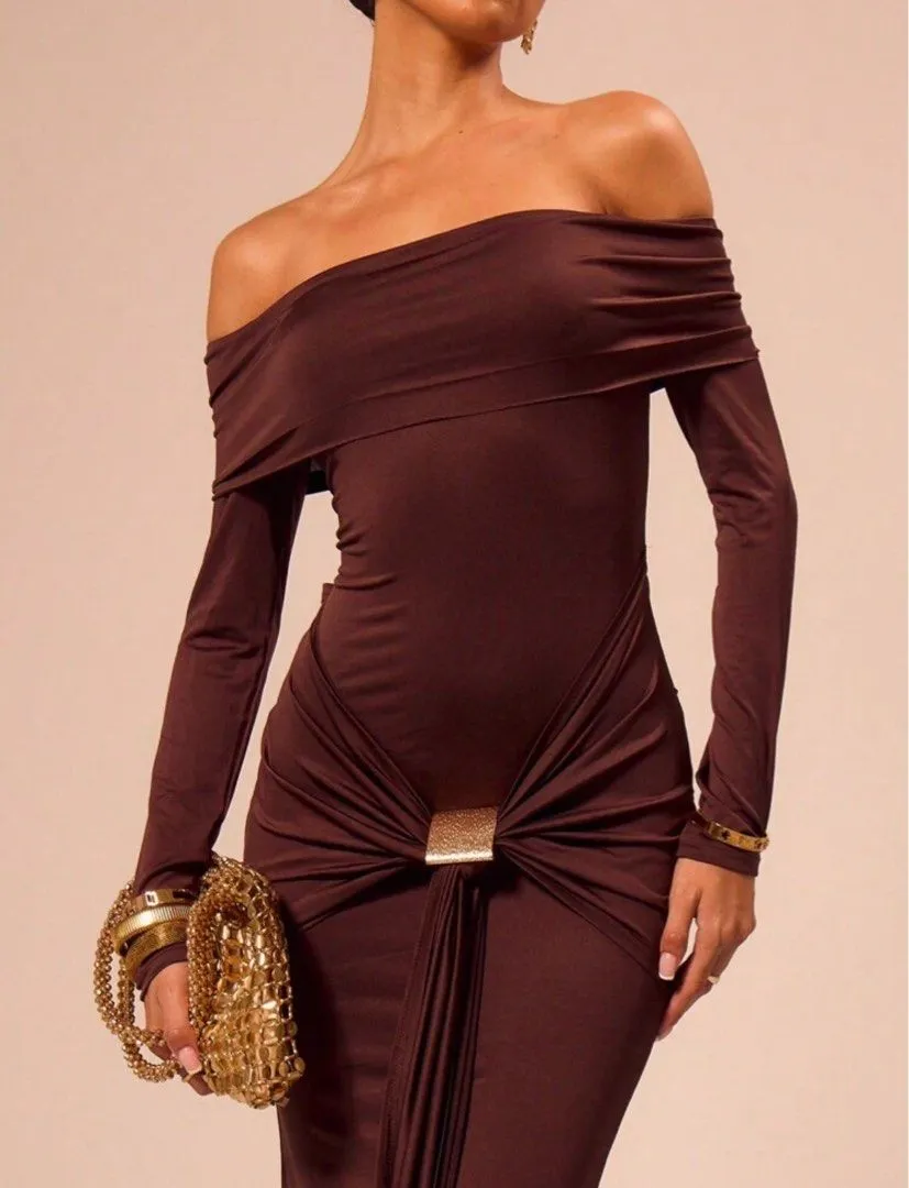 Brit & Boho™ I Eunice Off Shoulder Long Sleeve Wrap Maxi
