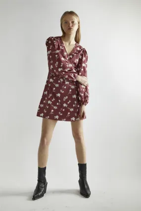 Burgundy-Floral Wrap Mini-Dress