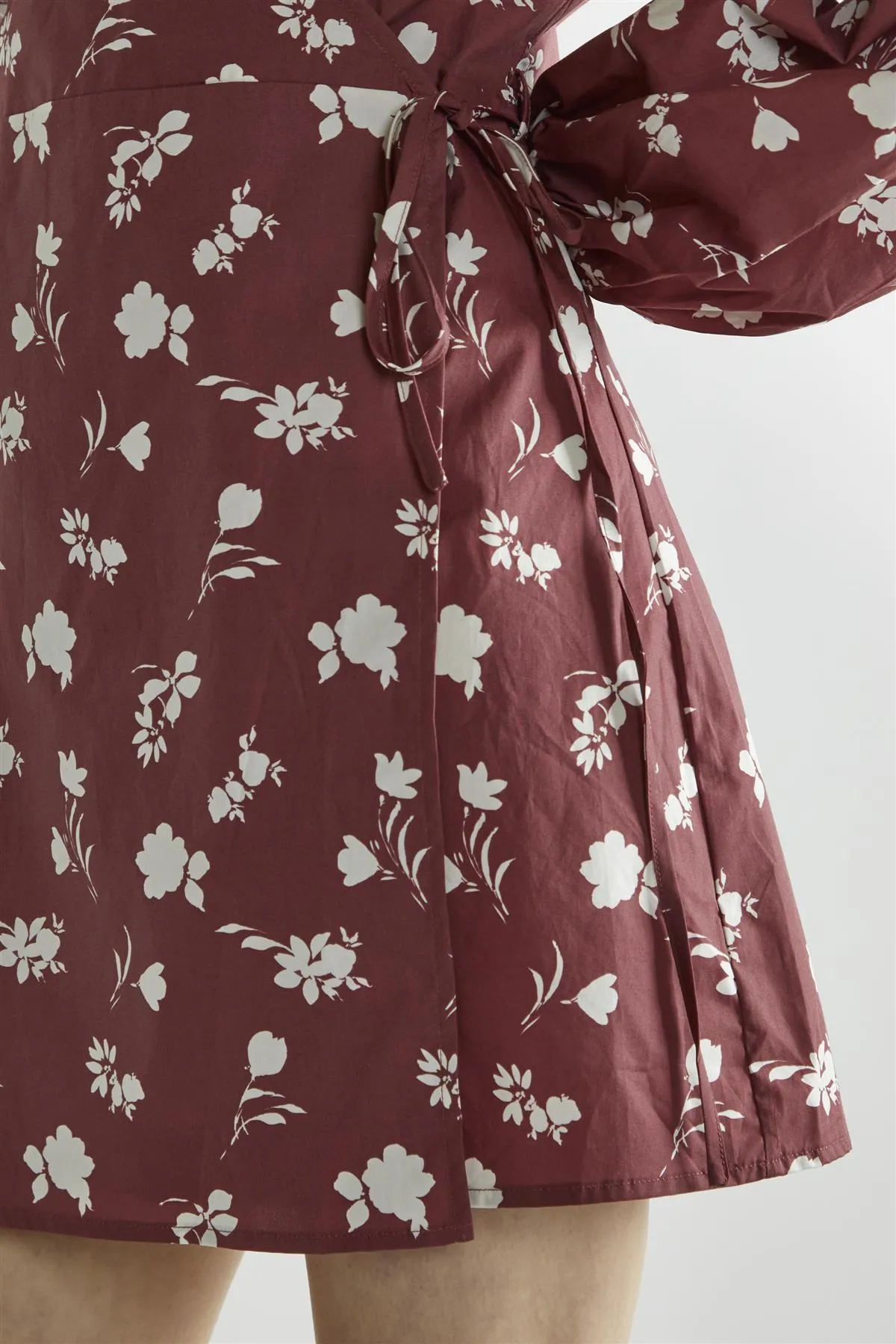 Burgundy-Floral Wrap Mini-Dress