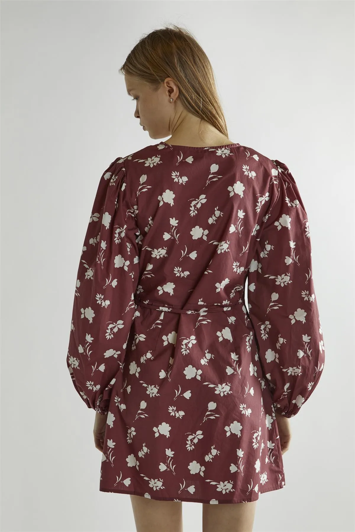 Burgundy-Floral Wrap Mini-Dress