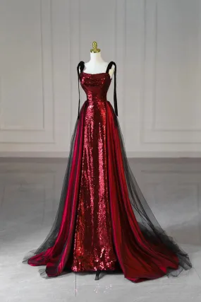 Burgundy Tulle Sequins Long Prom Dress, Shiny A-Line Evening Party Dress