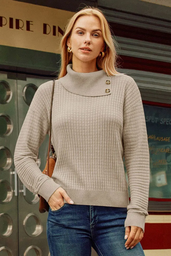 Casual Turtleneck Pullover Waffle Knit Long Sleeve Sweaters Tops