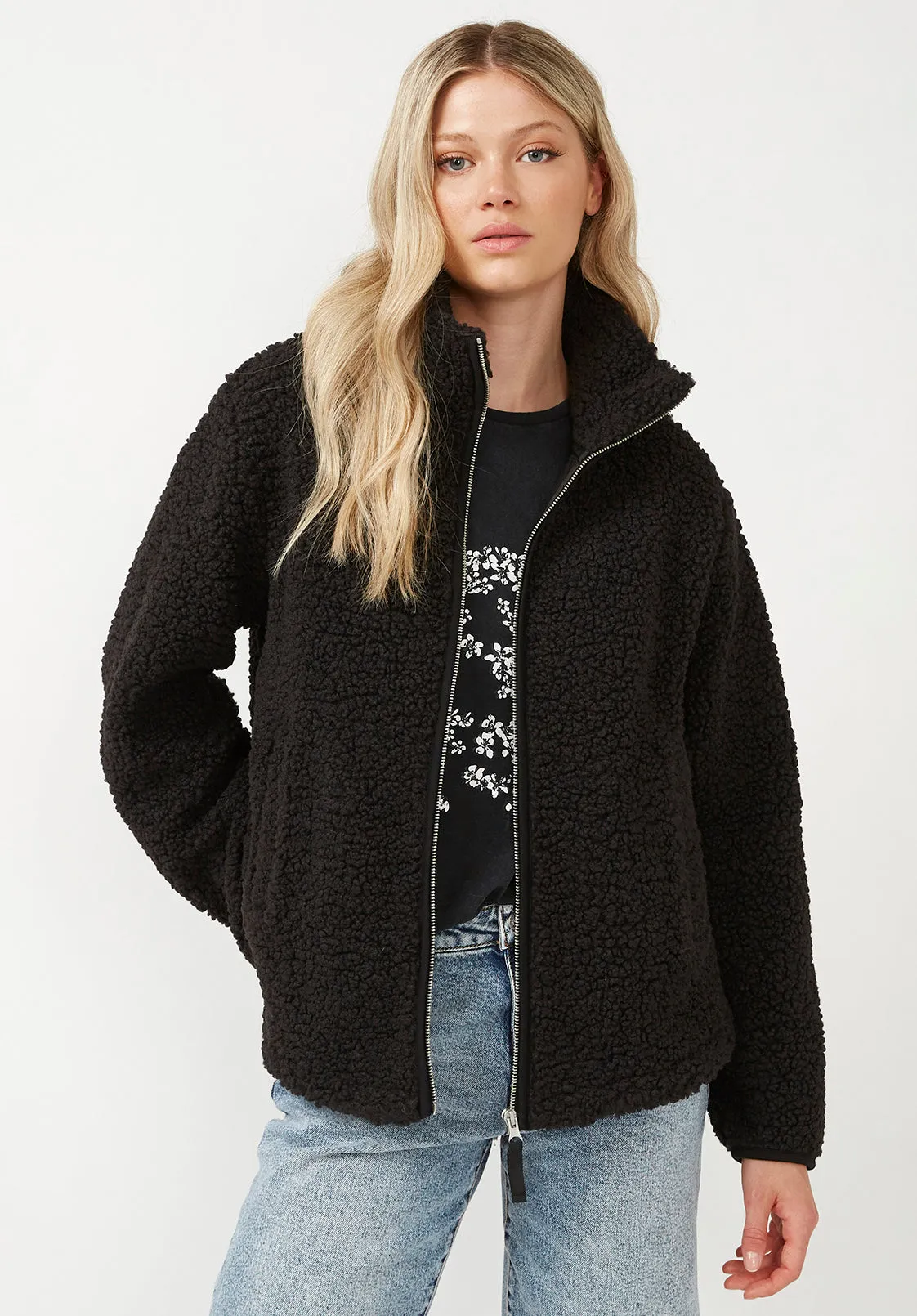 Caterina Women's Full Zip Sherpa Jacket, Black - JK0015F