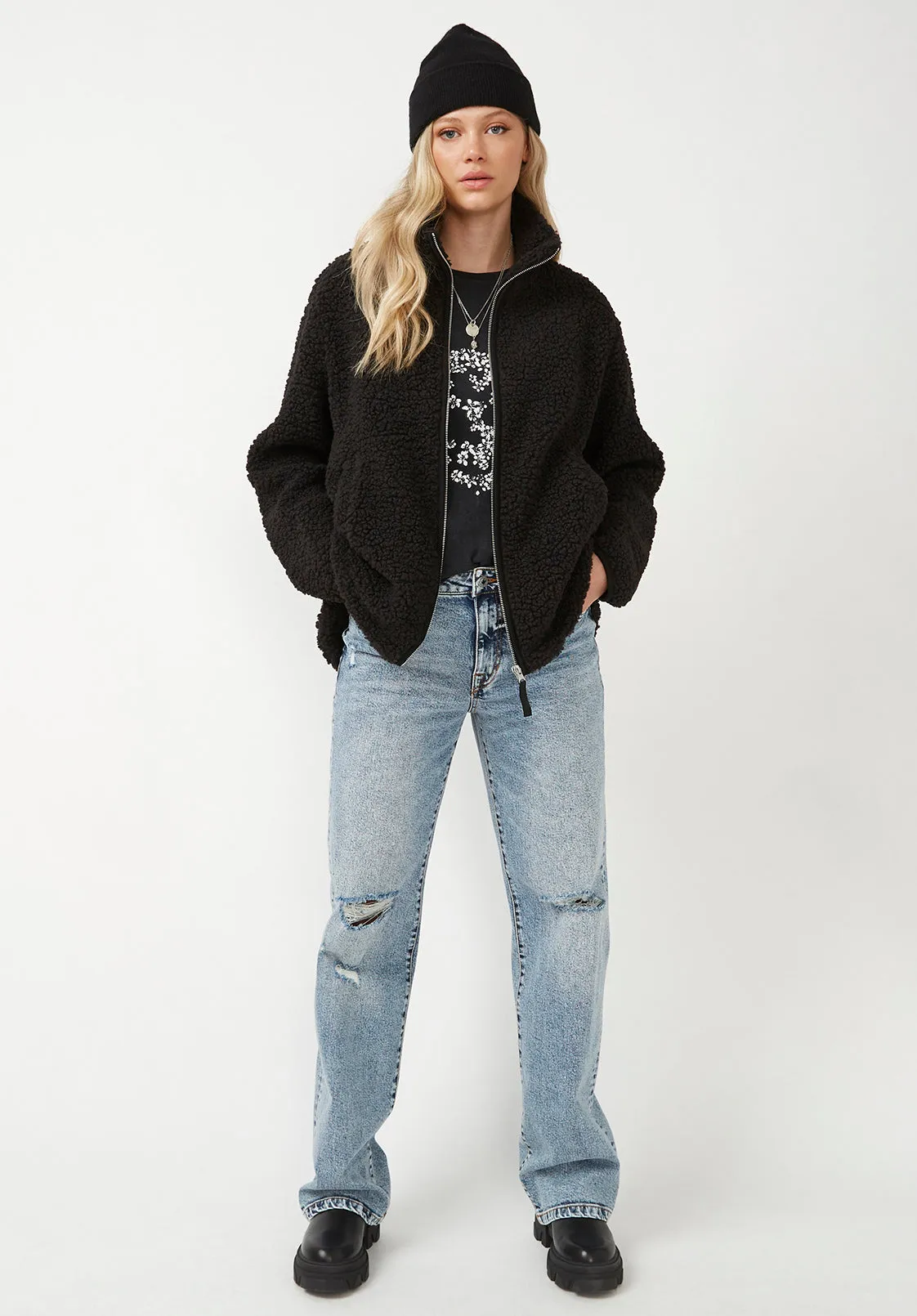 Caterina Women's Full Zip Sherpa Jacket, Black - JK0015F