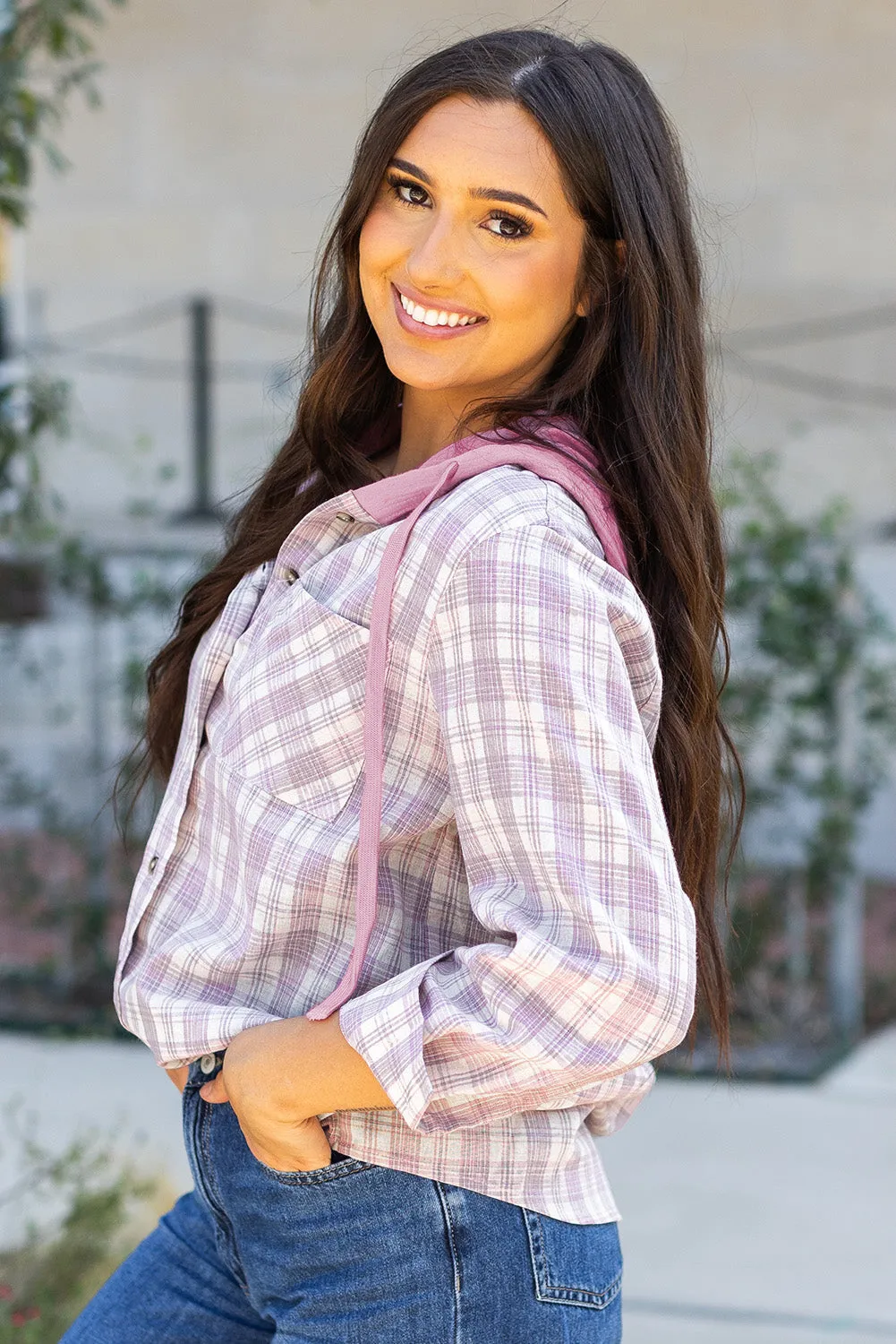 Checkered Print Loose Fit Hooded Shacket