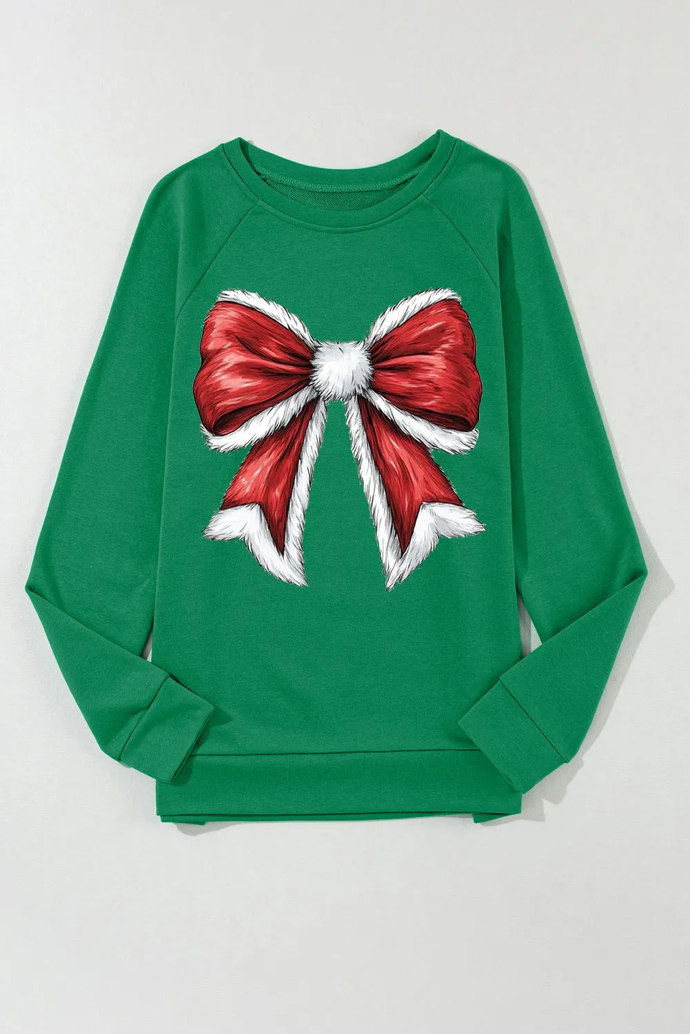 Christmas Plain Round Neck Large Bow Pattern Pullover Sweatshirt