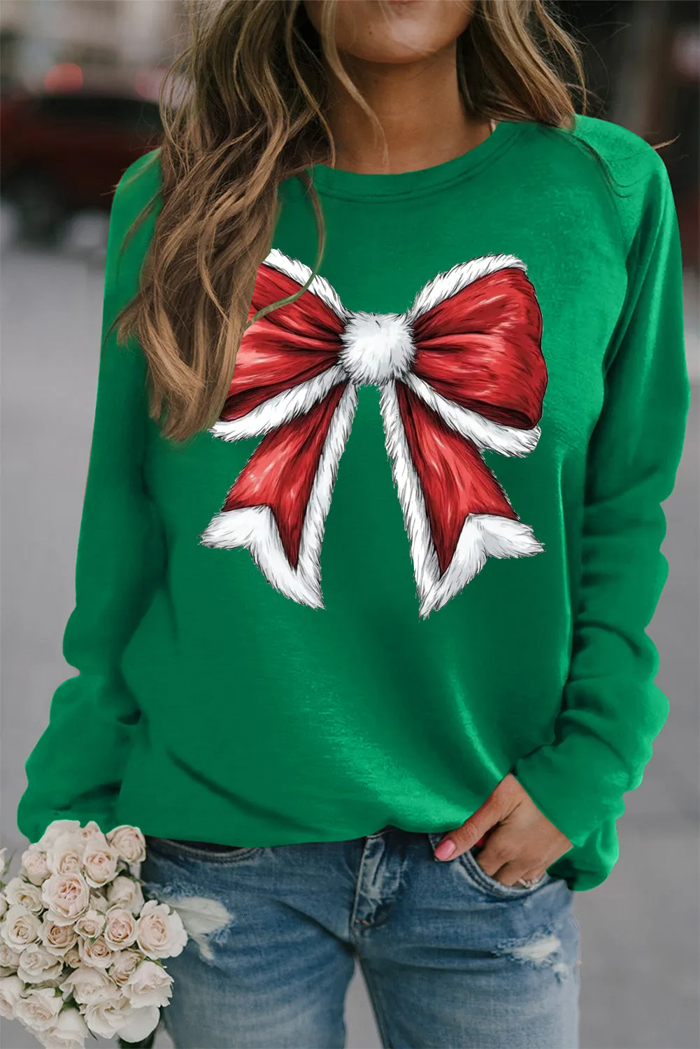 Christmas Plain Round Neck Large Bow Pattern Pullover Sweatshirt