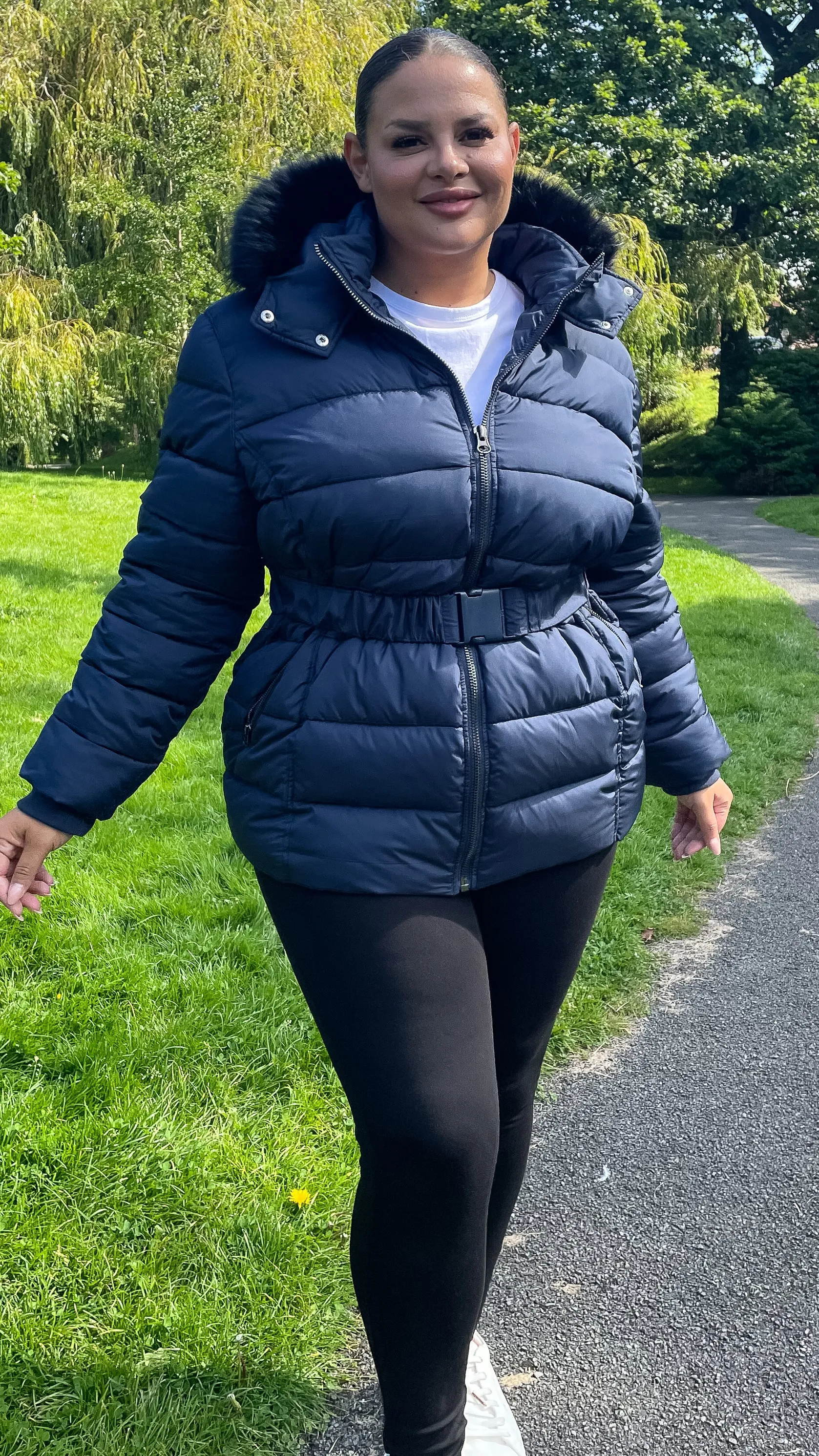 CurveWow Faux Fur Hooded Puffa Coat Navy