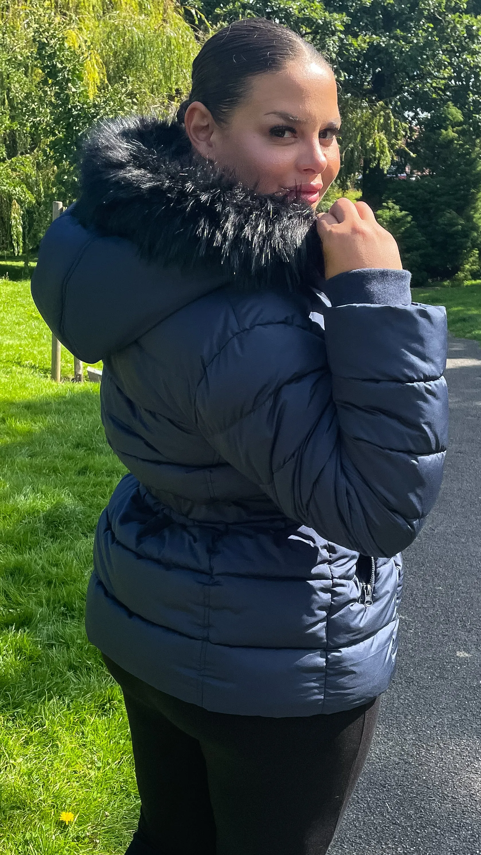 CurveWow Faux Fur Hooded Puffa Coat Navy