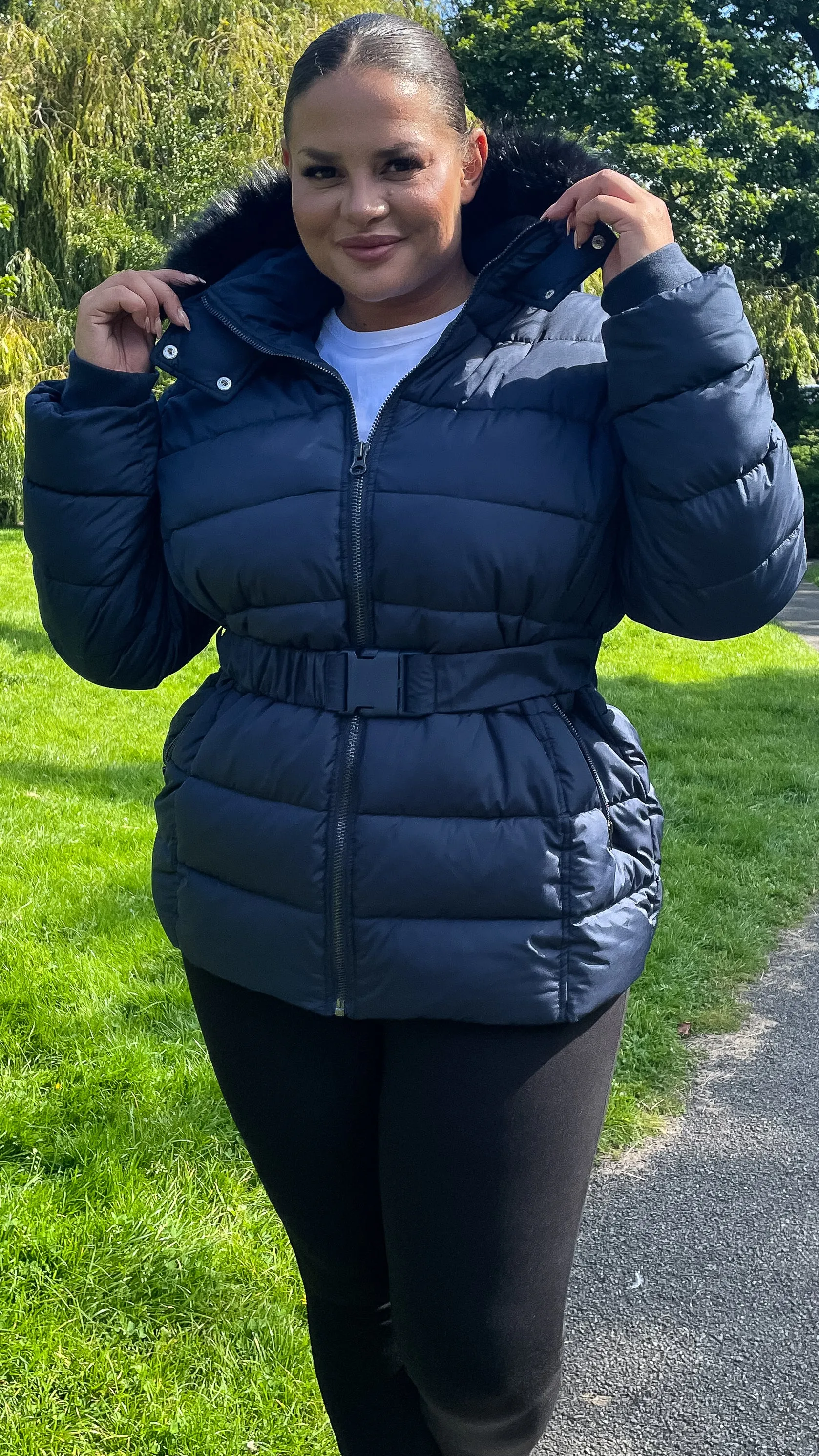 CurveWow Faux Fur Hooded Puffa Coat Navy