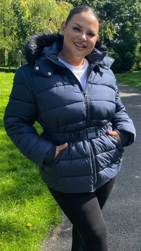 CurveWow Faux Fur Hooded Puffa Coat Navy