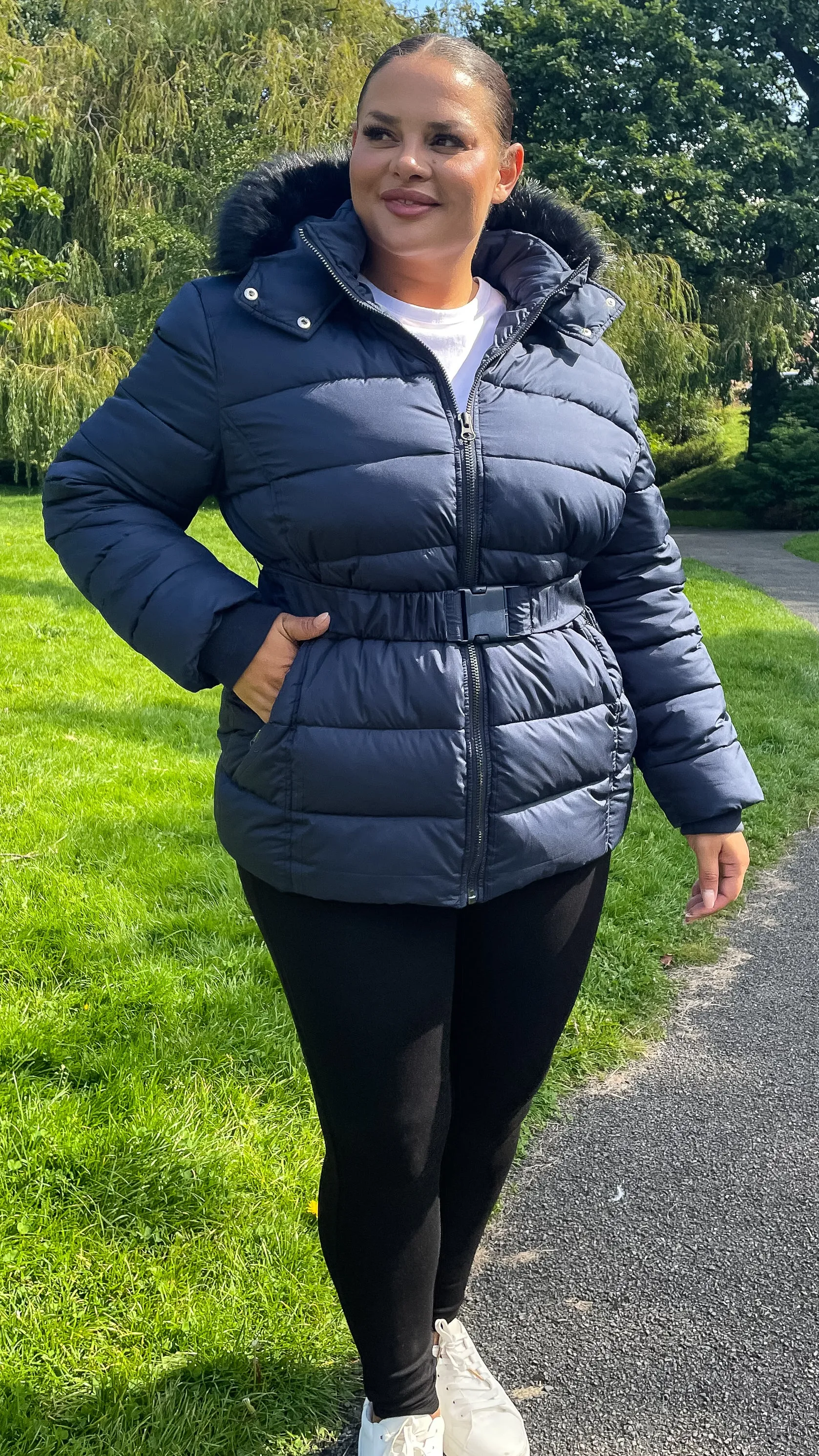 CurveWow Faux Fur Hooded Puffa Coat Navy