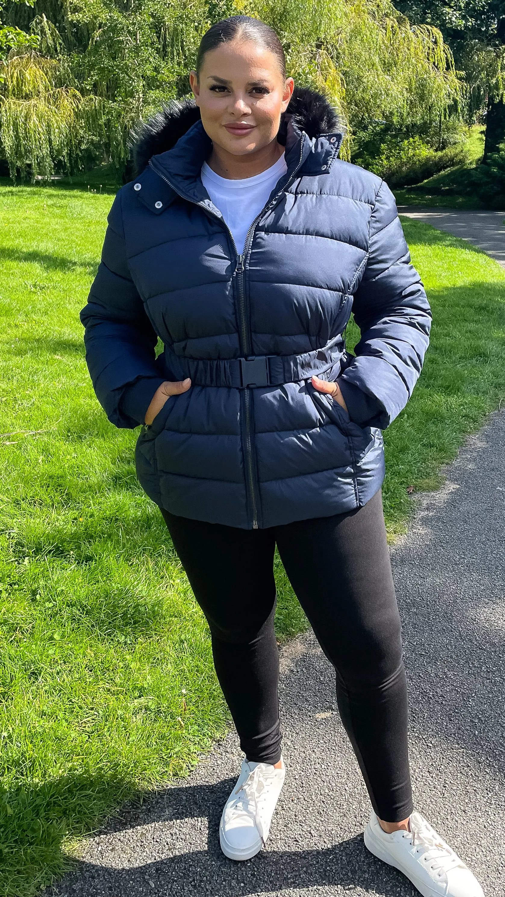 CurveWow Faux Fur Hooded Puffa Coat Navy