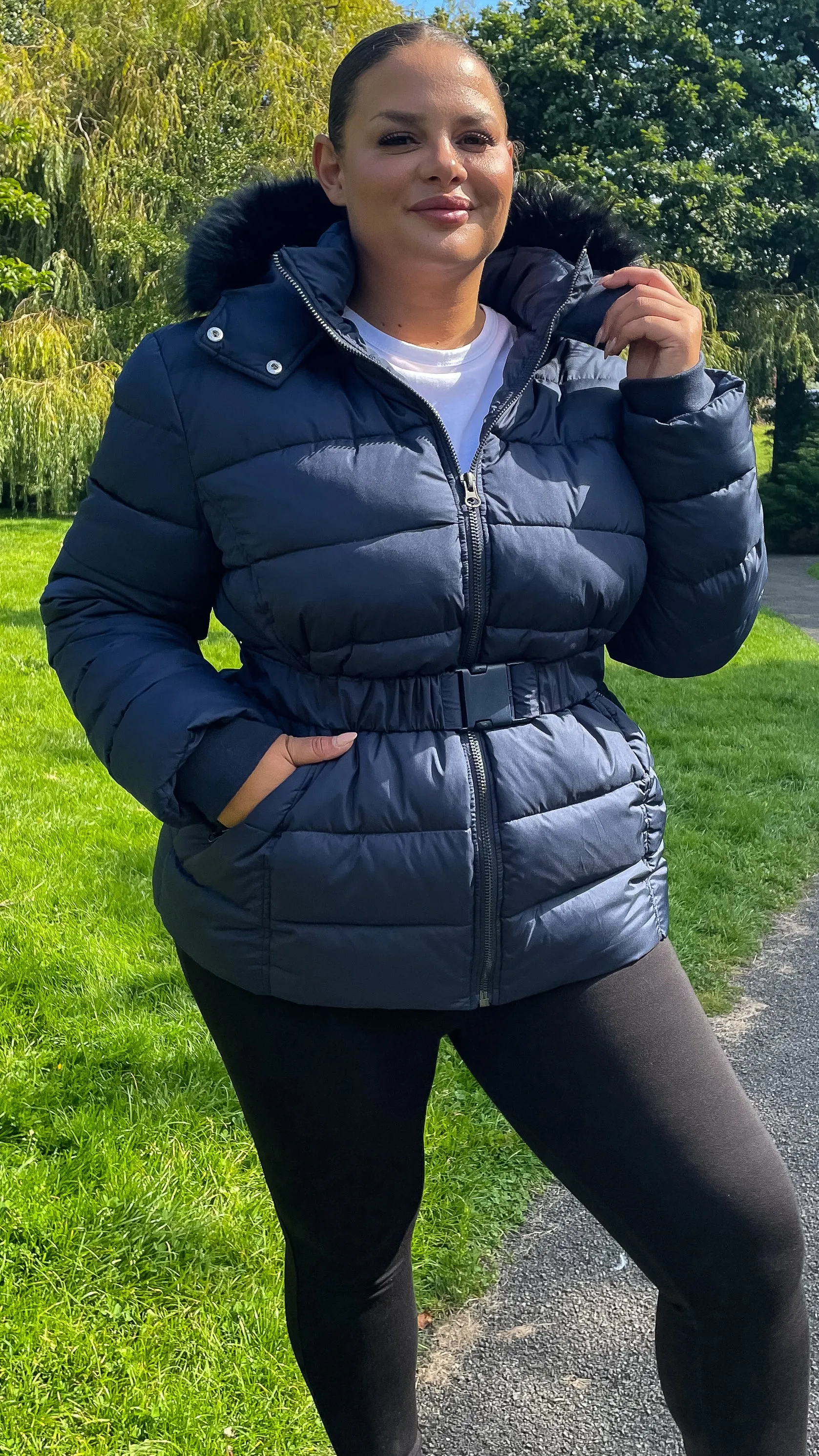CurveWow Faux Fur Hooded Puffa Coat Navy