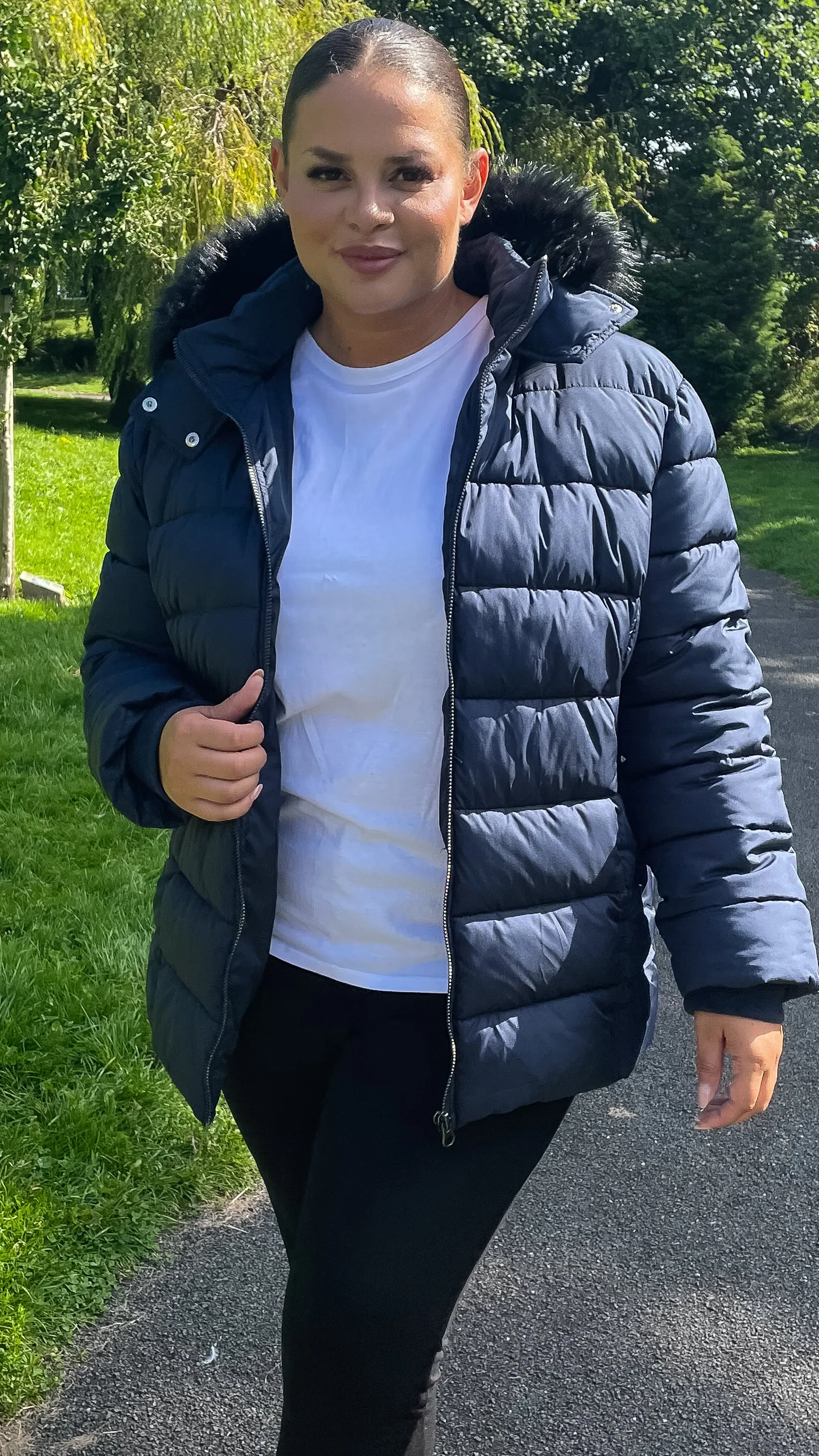 CurveWow Faux Fur Hooded Puffa Coat Navy