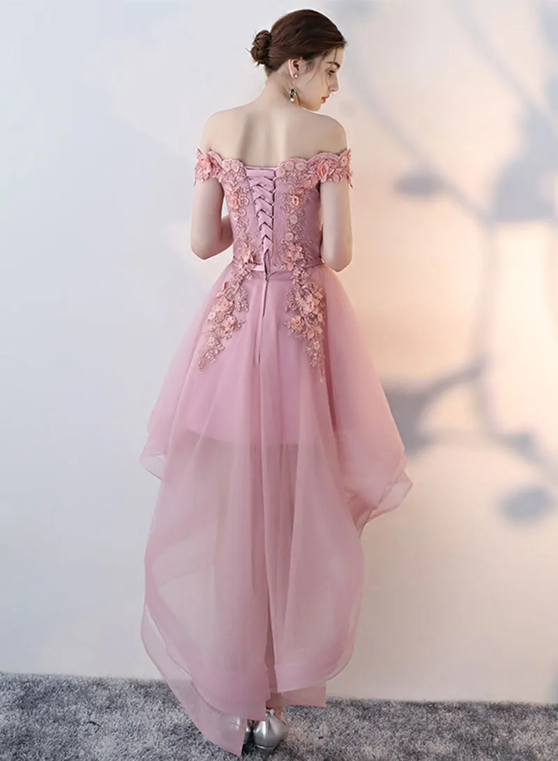 Cute Lace High Low Prom Dress, Beautiful Off the Shoulder Evening Party Dress