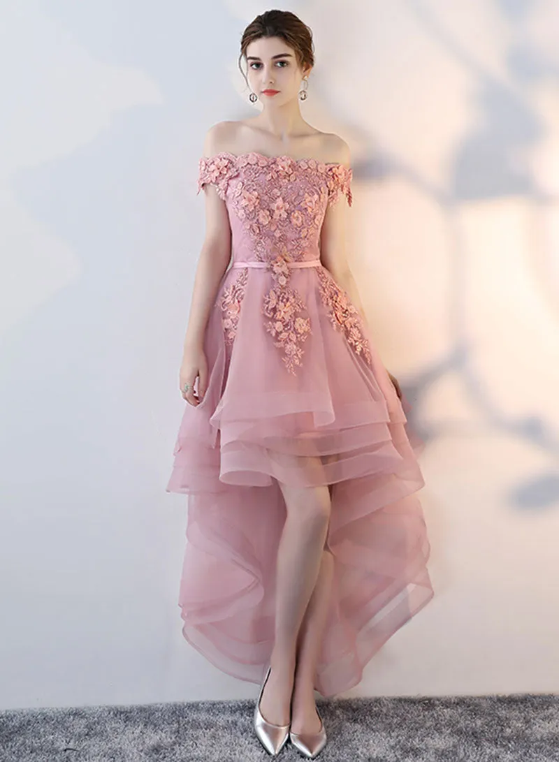 Cute Lace High Low Prom Dress, Beautiful Off the Shoulder Evening Party Dress