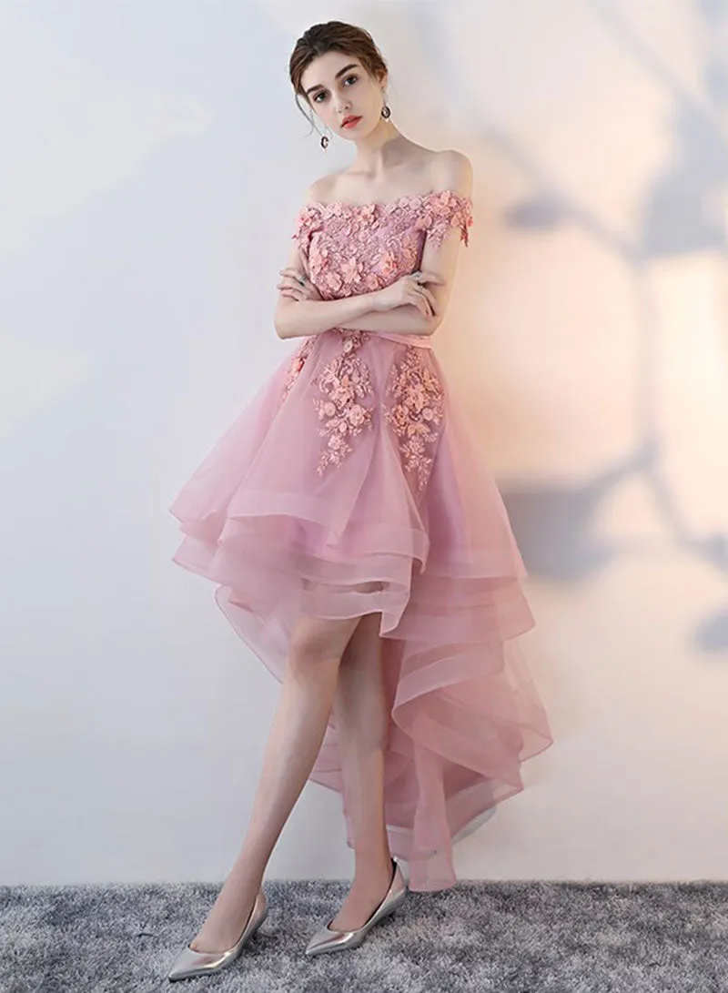 Cute Lace High Low Prom Dress, Beautiful Off the Shoulder Evening Party Dress