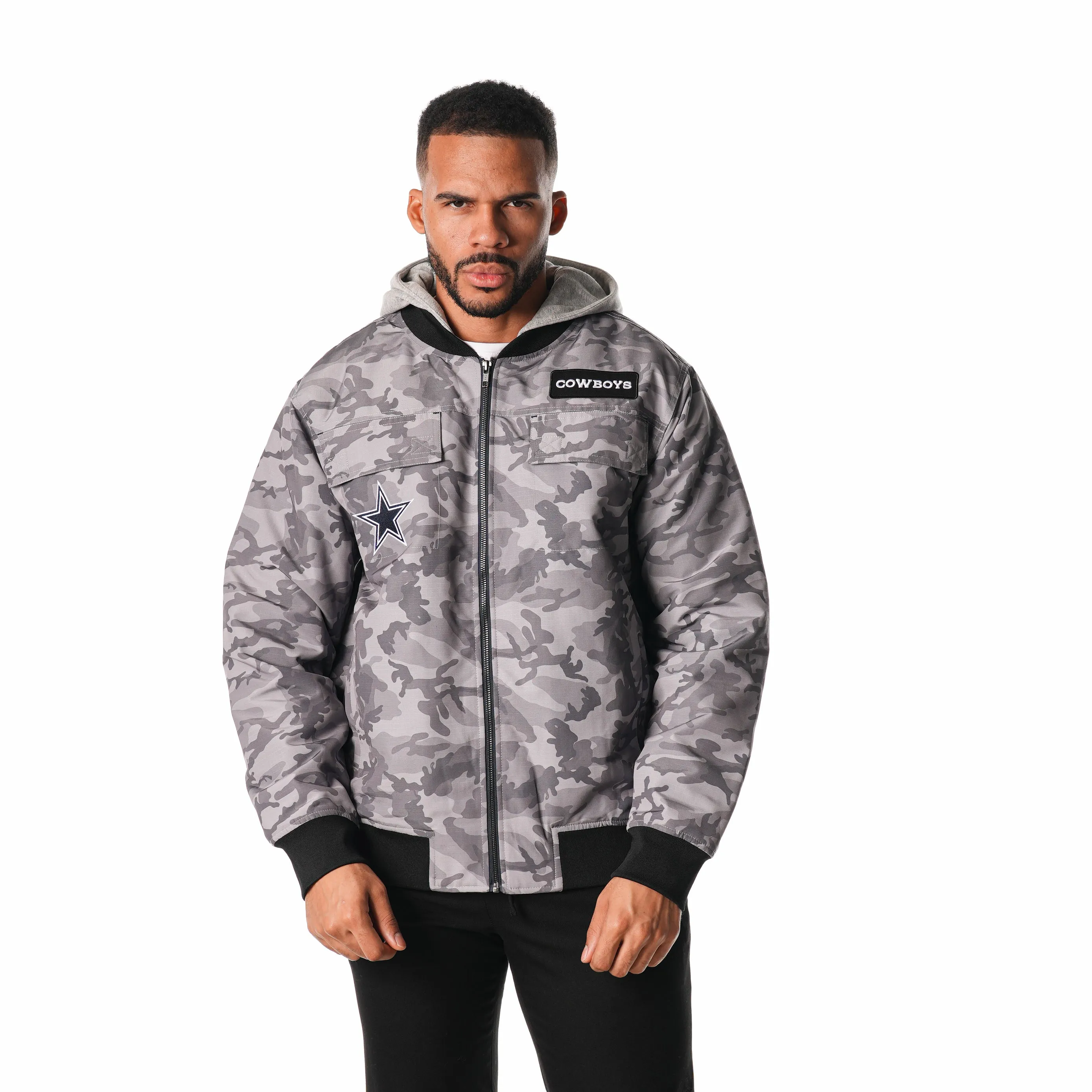 Dallas Cowboys Camo Hooded Bomber - Grey Camo