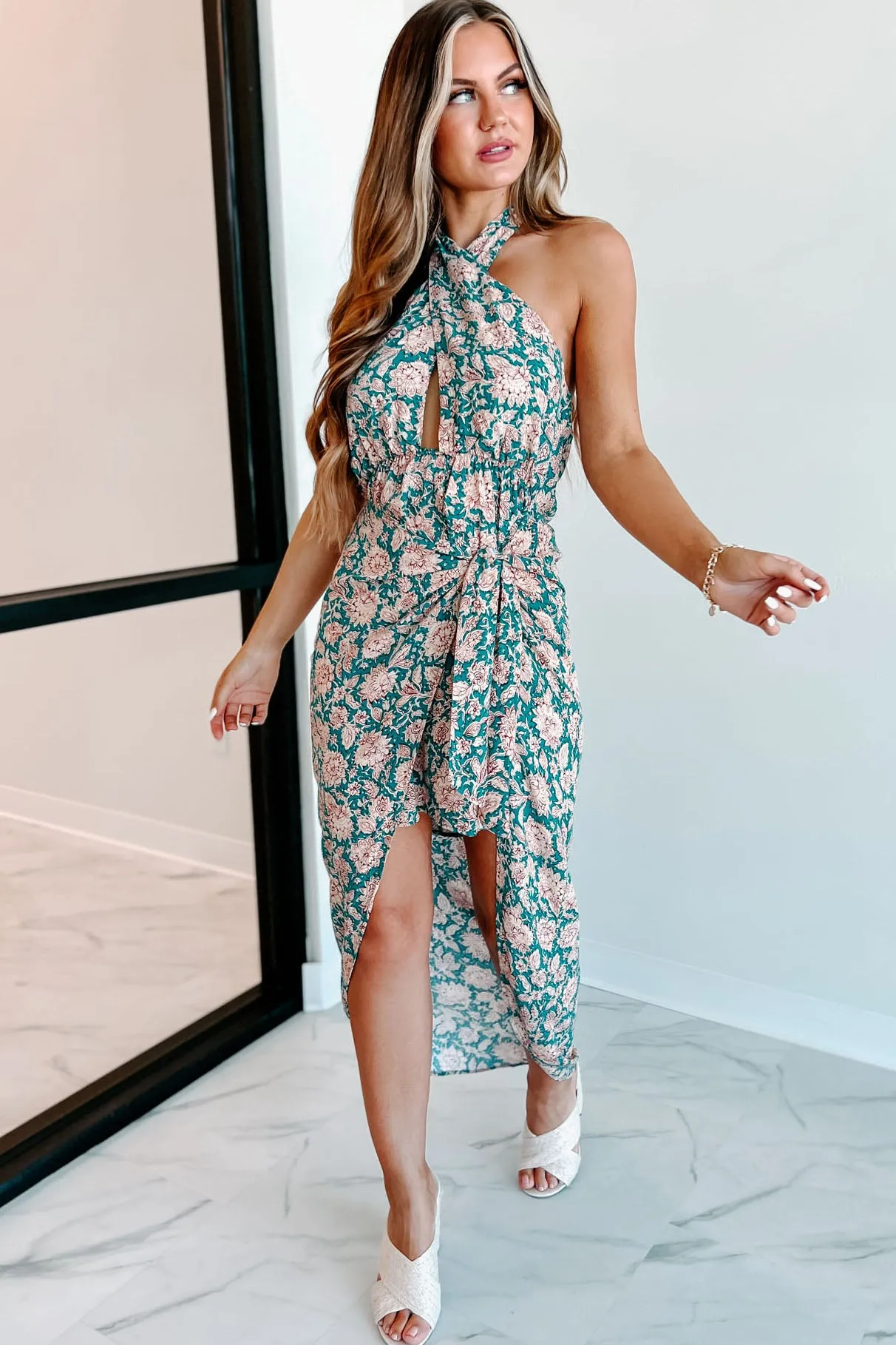 Desert Sunset Floral Halter Wrap Dress (Teal)