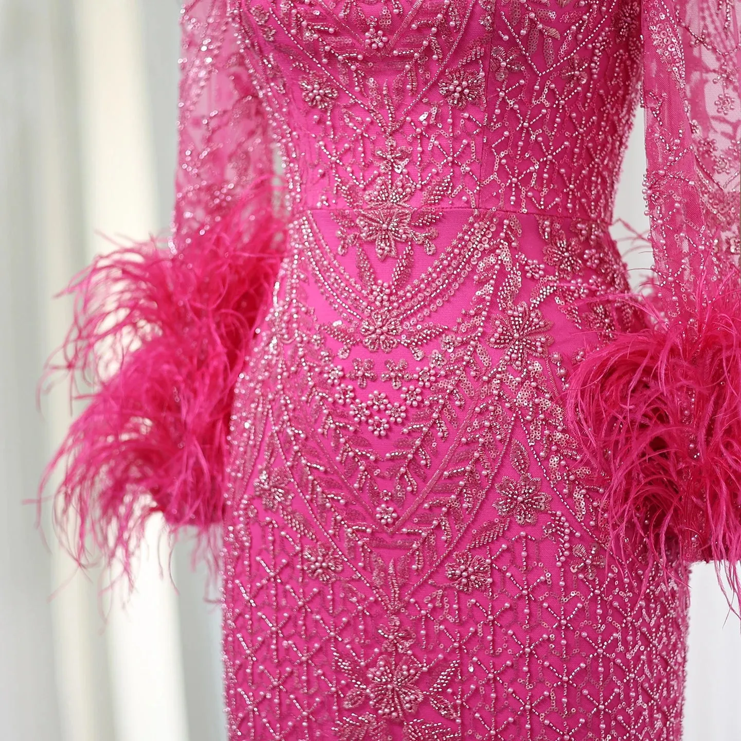 Fuchsia Feather Modest Long Sleeves Evening Gown