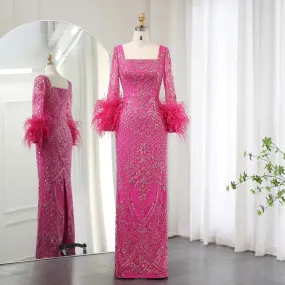 Fuchsia Feather Modest Long Sleeves Evening Gown